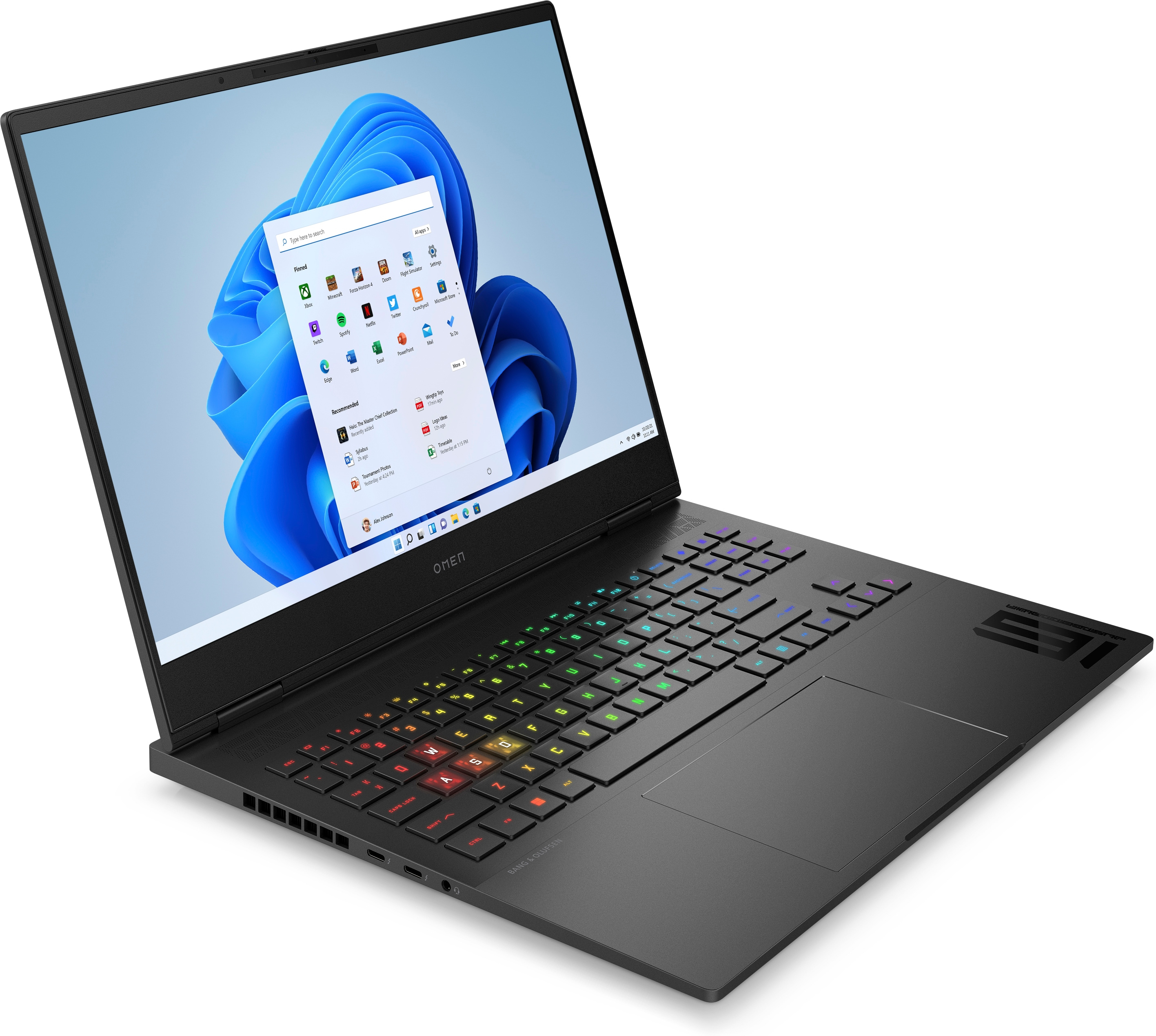 Schwarzer Gaming-Laptop mit farbenfroher, hintergrundbeleuchteter Tastatur. Der Bildschirm zeigt Windows 11.