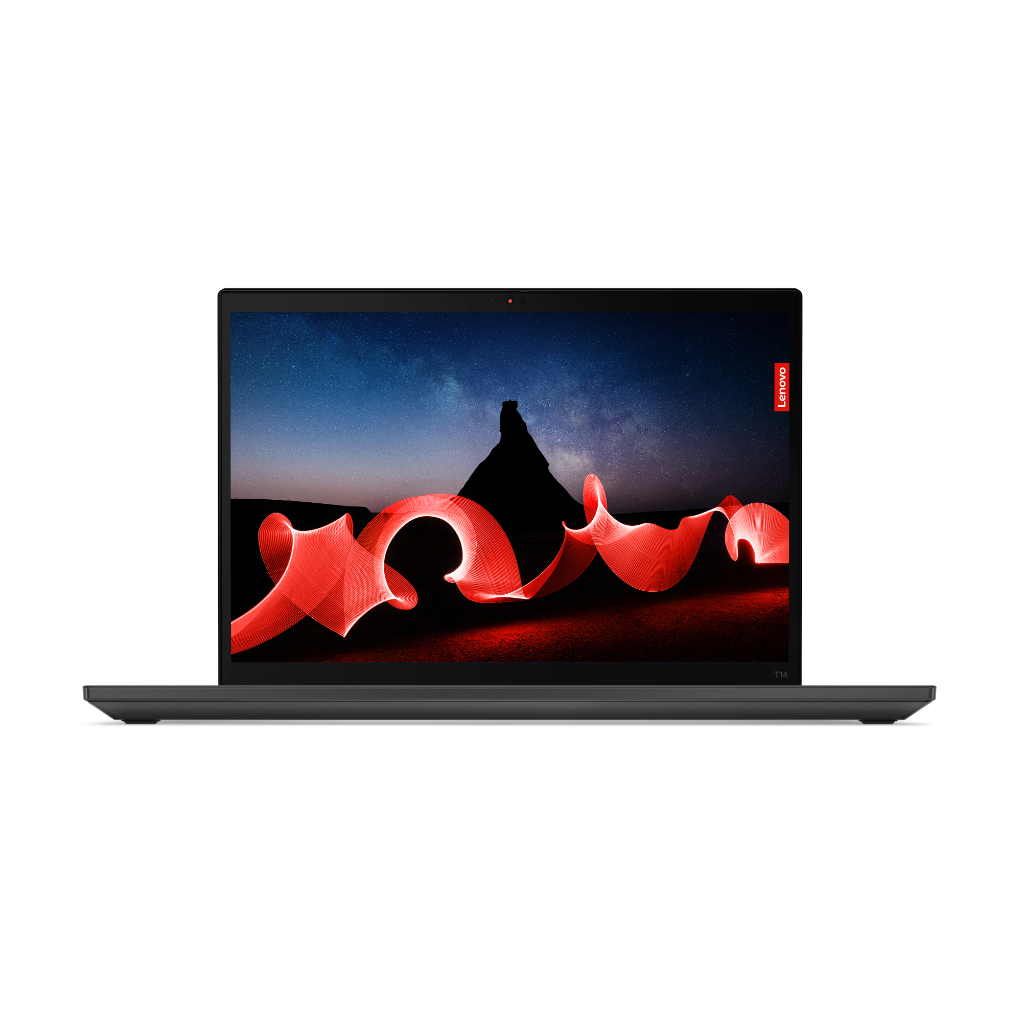 Schwarzer Laptop mit rotem Band auf dem Bildschirm, Lenovo-Logo. Weißer Hintergrund.