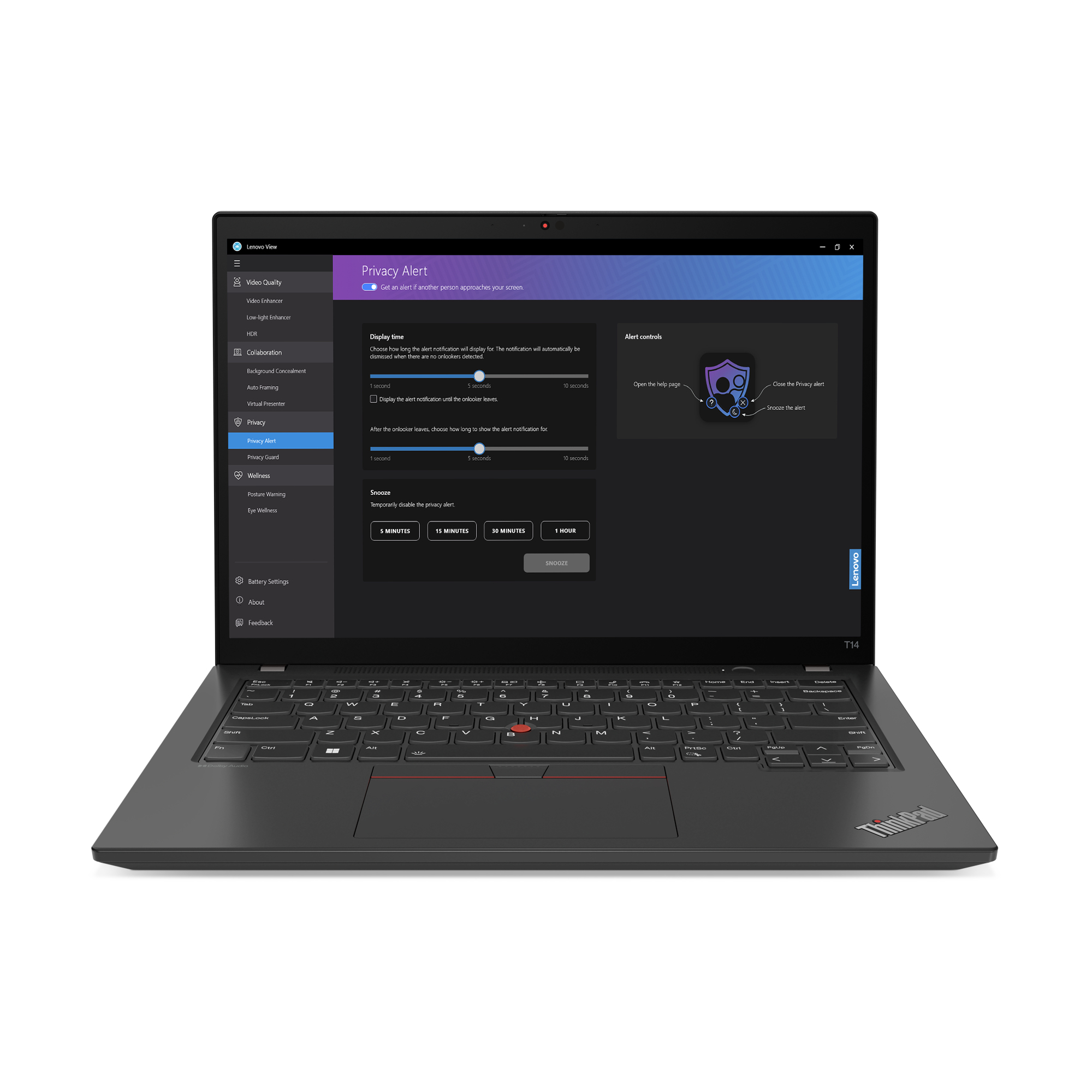 Laptop-Bildschirm mit einer Benutzeroberfläche für Datenschutzeinstellungen. Der Laptop ist schwarz, offen und auf weißem Hintergrund.