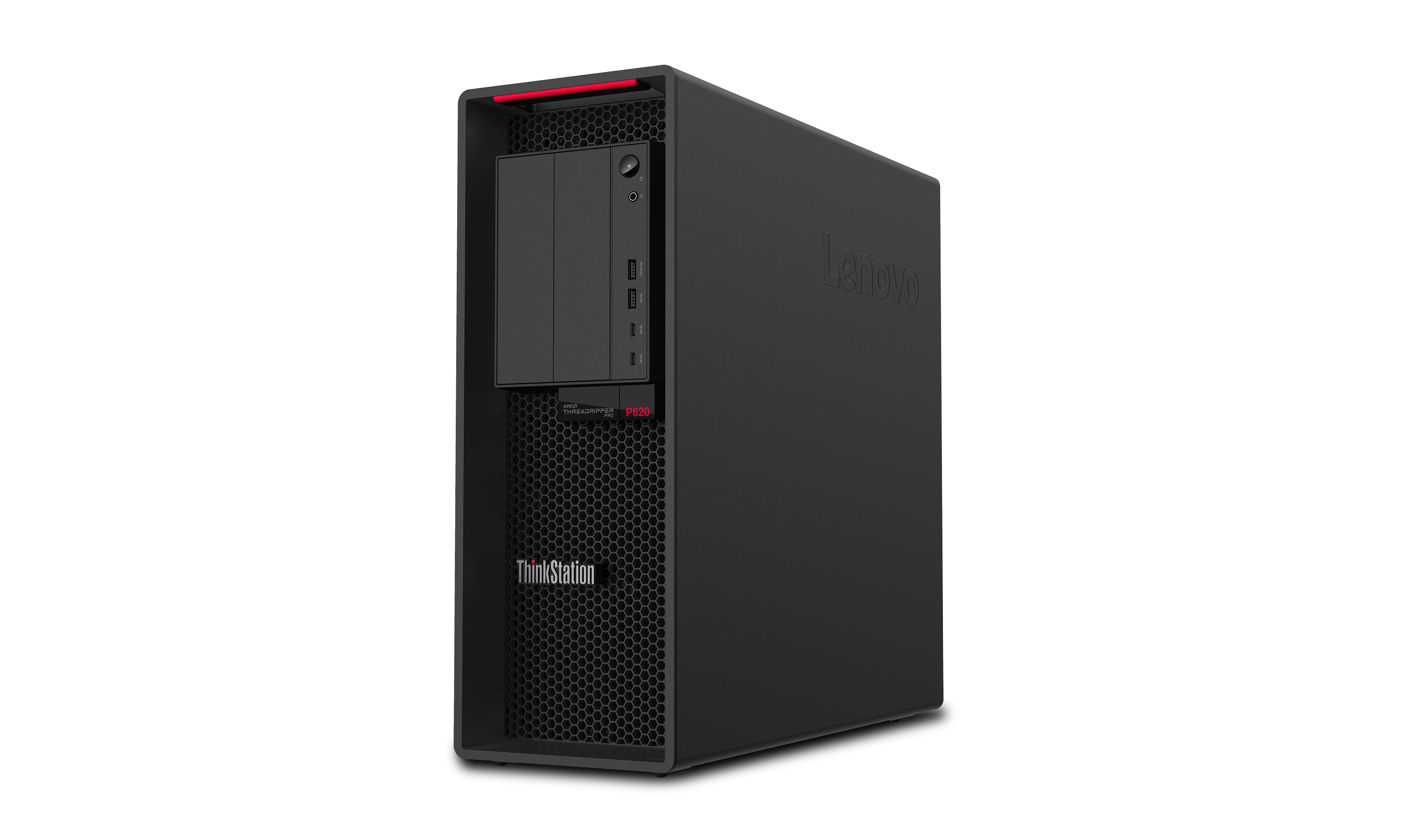 Czarna stacja robocza Lenovo ThinkStation, komputer stacjonarny, z czerwonym akcentem i logo Lenovo.