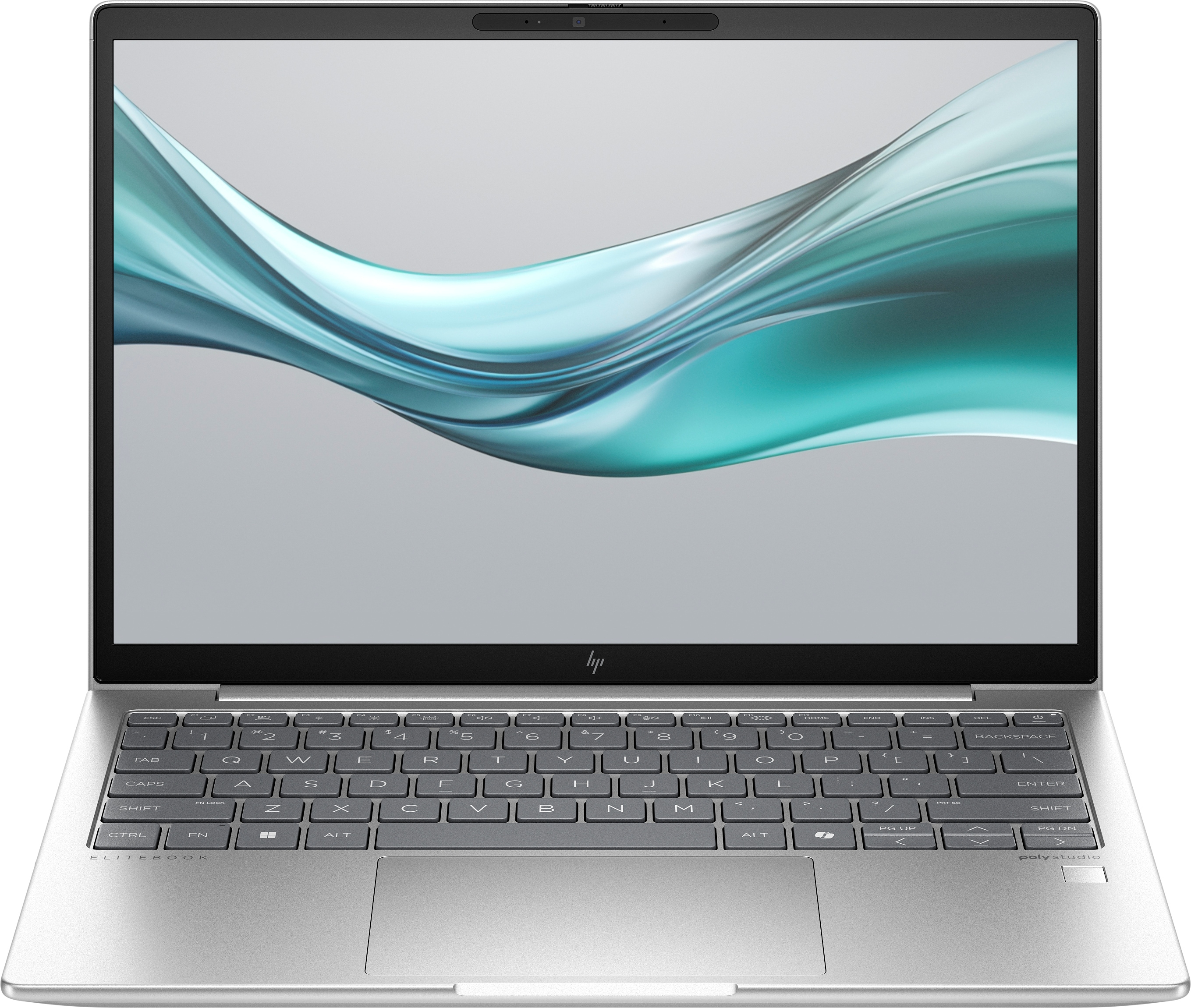 Laptop HP argento con tastiera aperta. Lo schermo mostra un disegno ondulato.