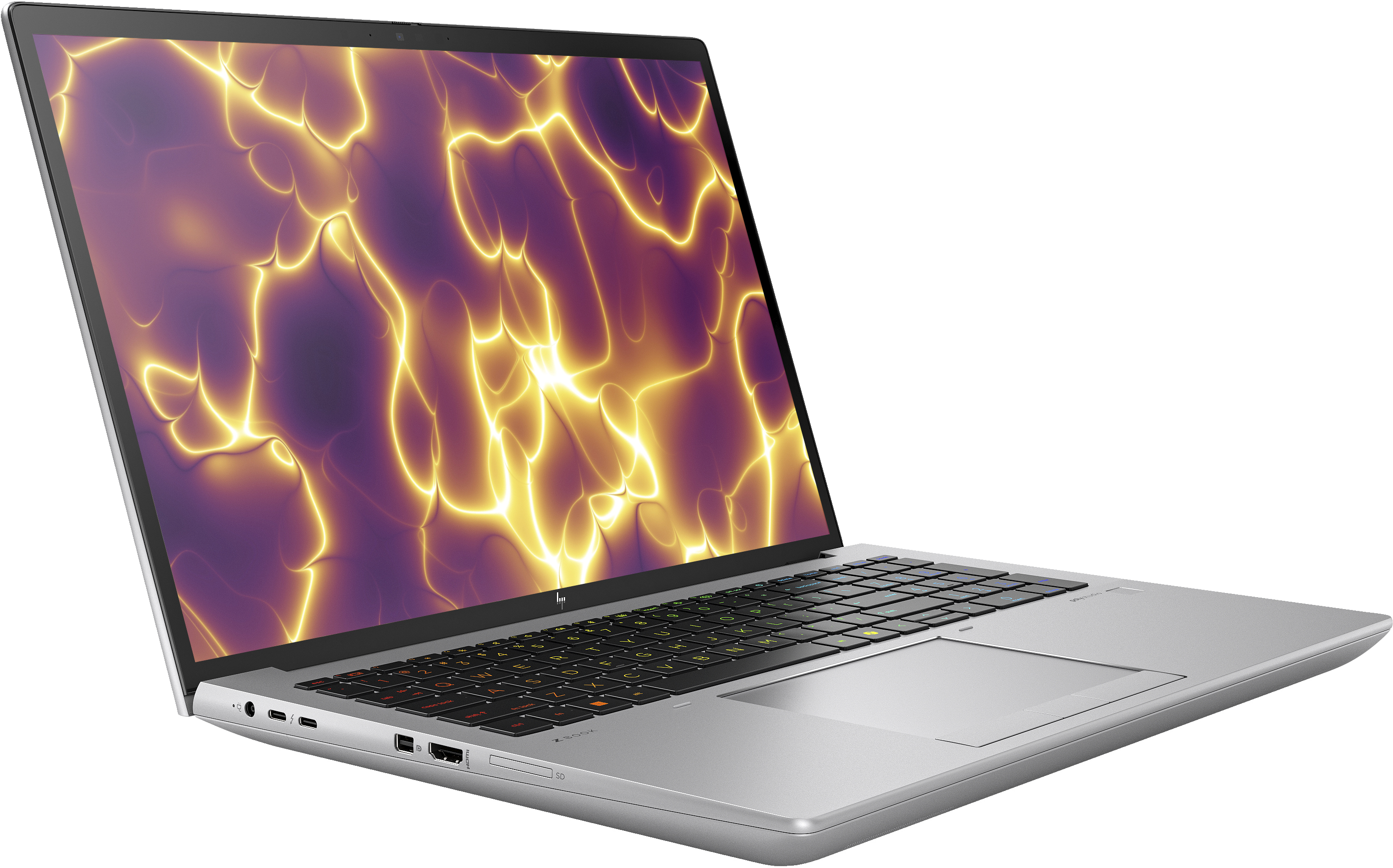 Ordenador portátil con un diseño abstracto brillante en la pantalla. El teclado y el trackpad son visibles.