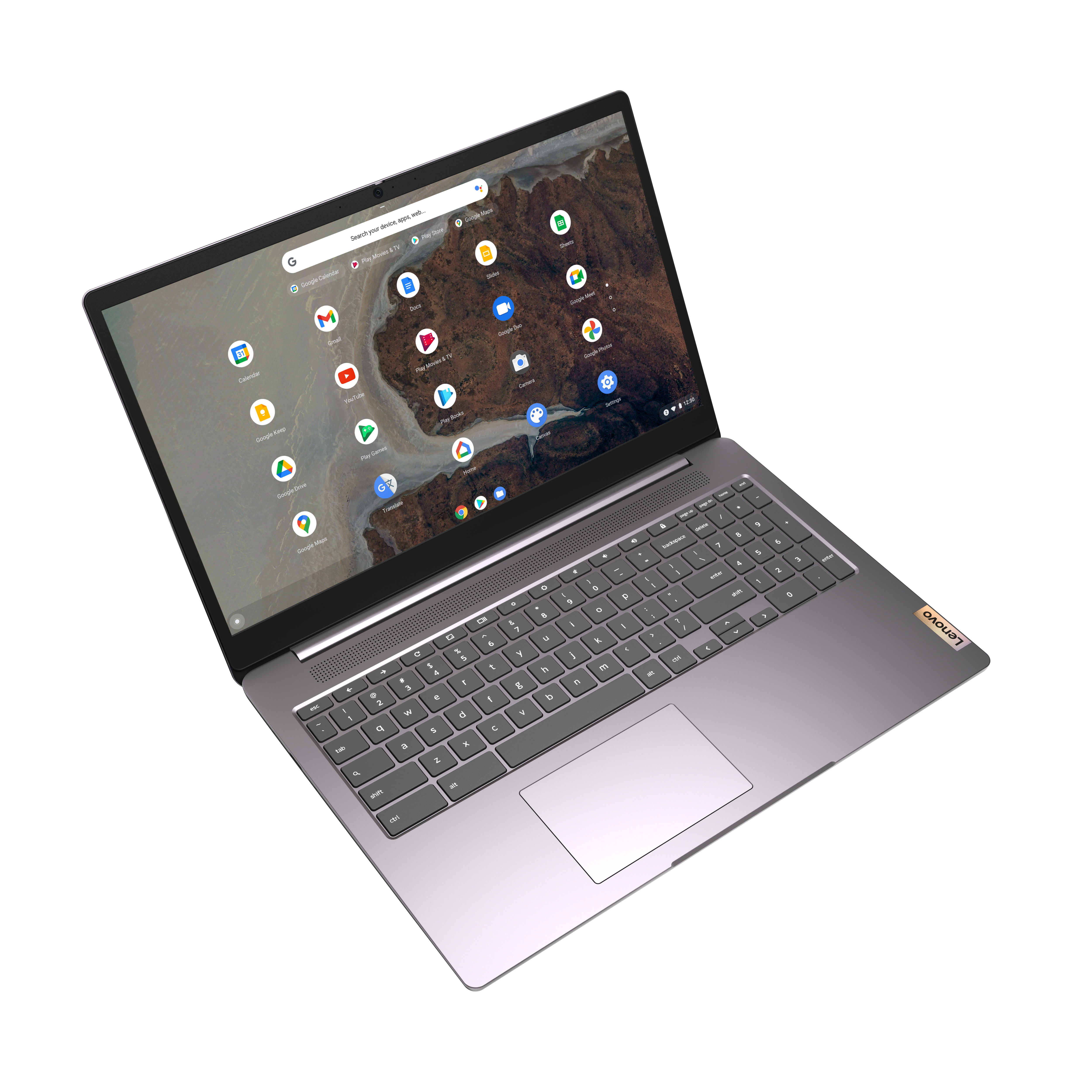 Srebrny laptop z interfejsem Chrome OS z ikonami aplikacji na białym tle.
