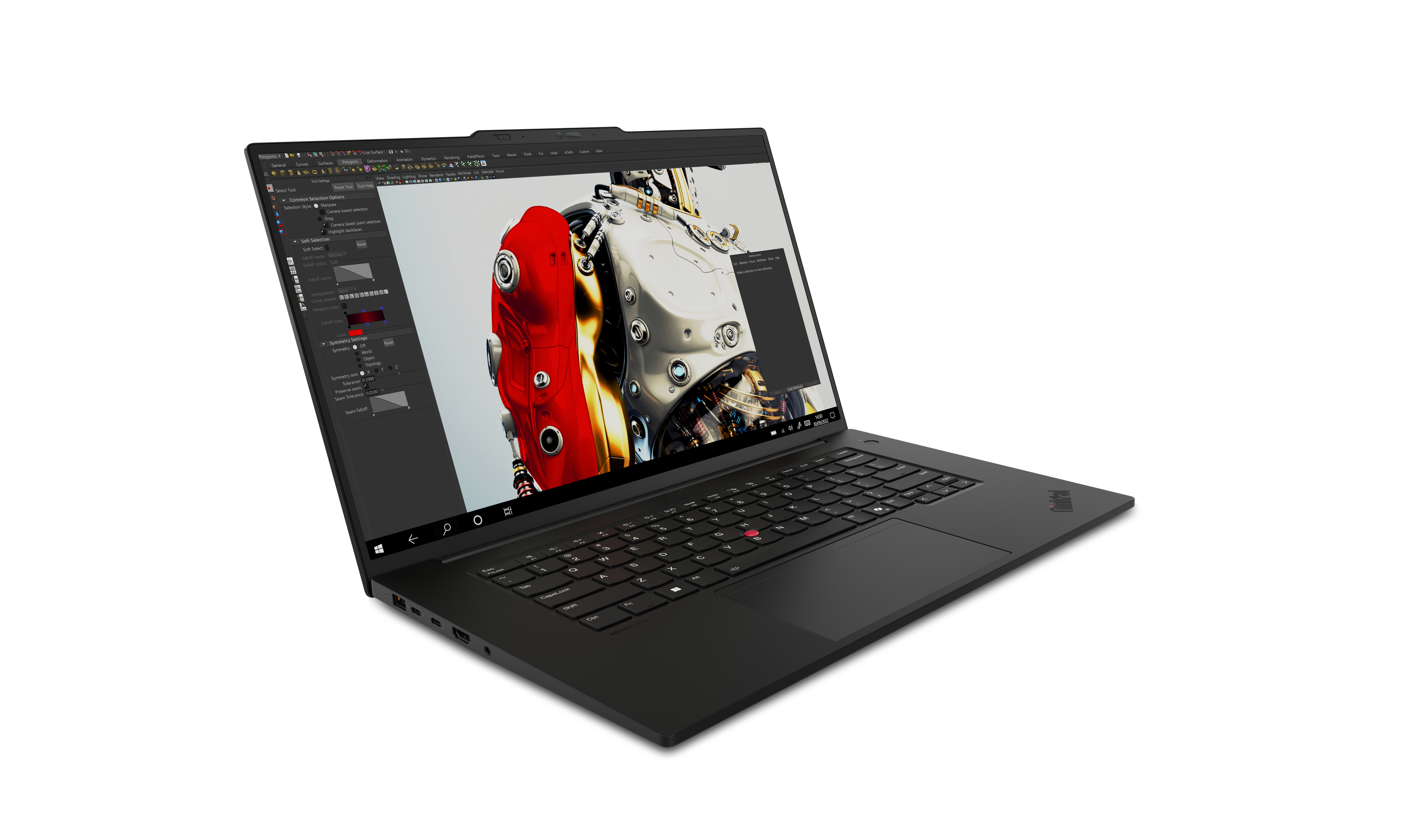 Czarny laptop na białym tle. Ekran wyświetla model 3D z czerwonym elementem. Widoczna klawiatura i gładzik.