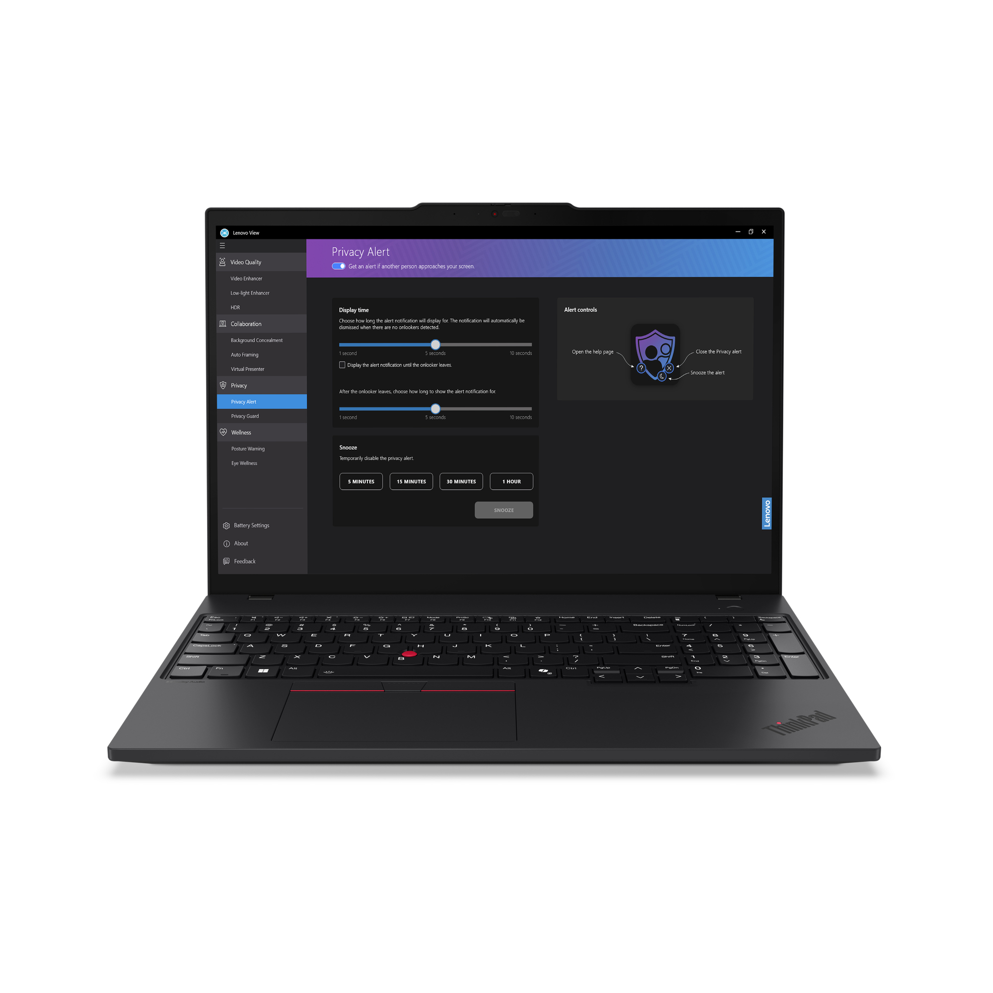 Laptop Lenovo nero con schermo che mostra le impostazioni sulla privacy. È aperto.