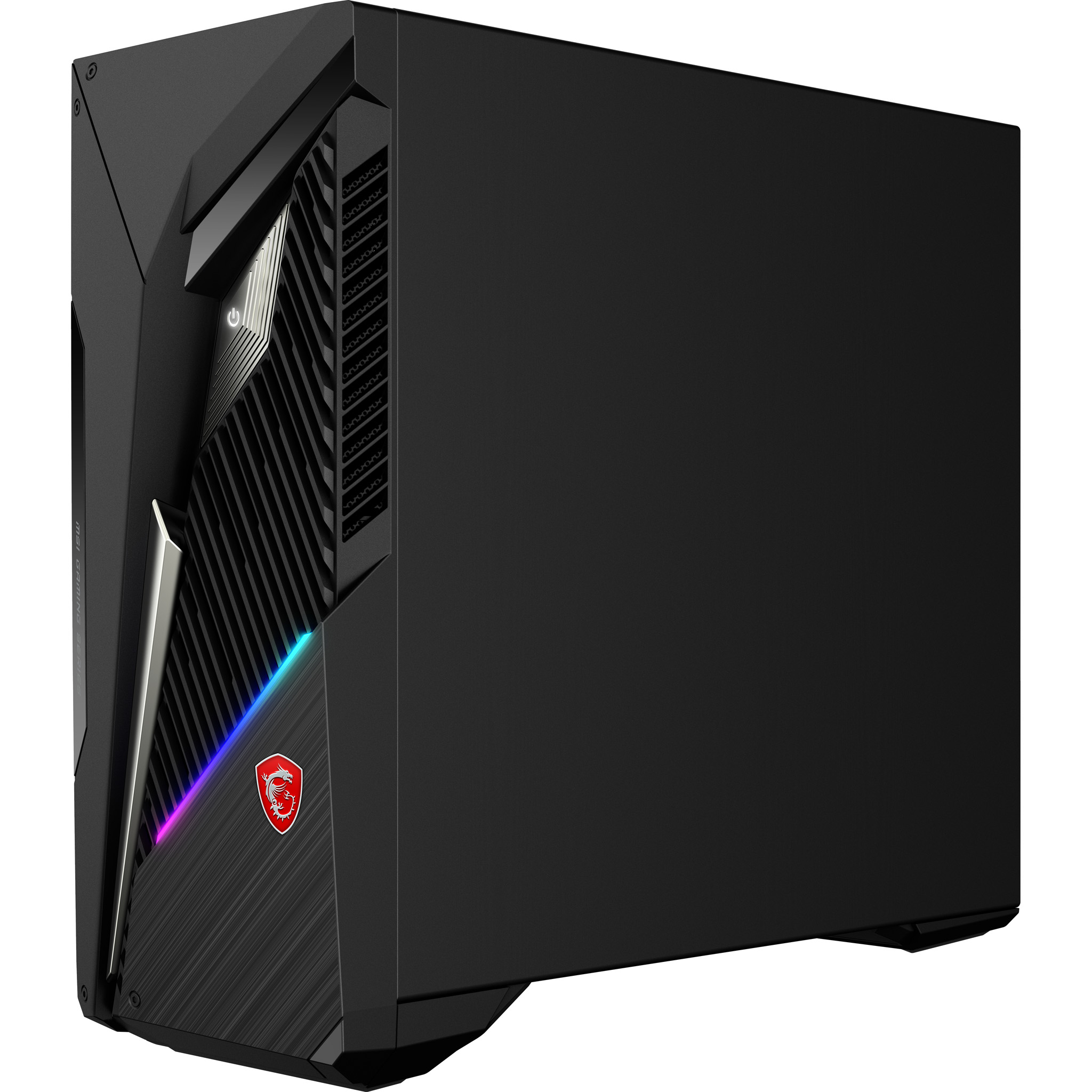 MSI siyah masaüstü bilgisayar, belirgin köşeli tasarım ve renkli ışıklarla.