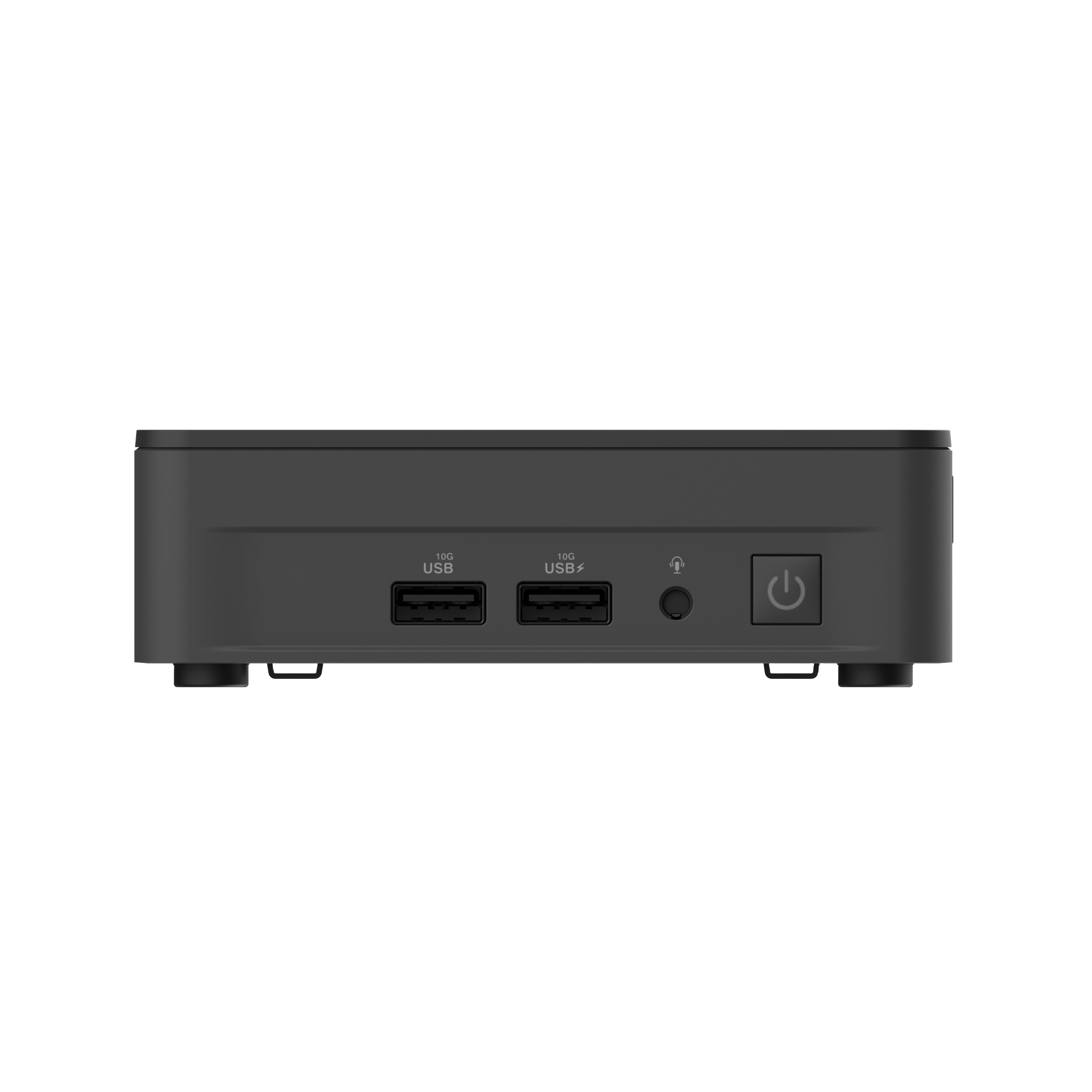 A black compact computer with two USB ports, a power button, and a microphone jack.