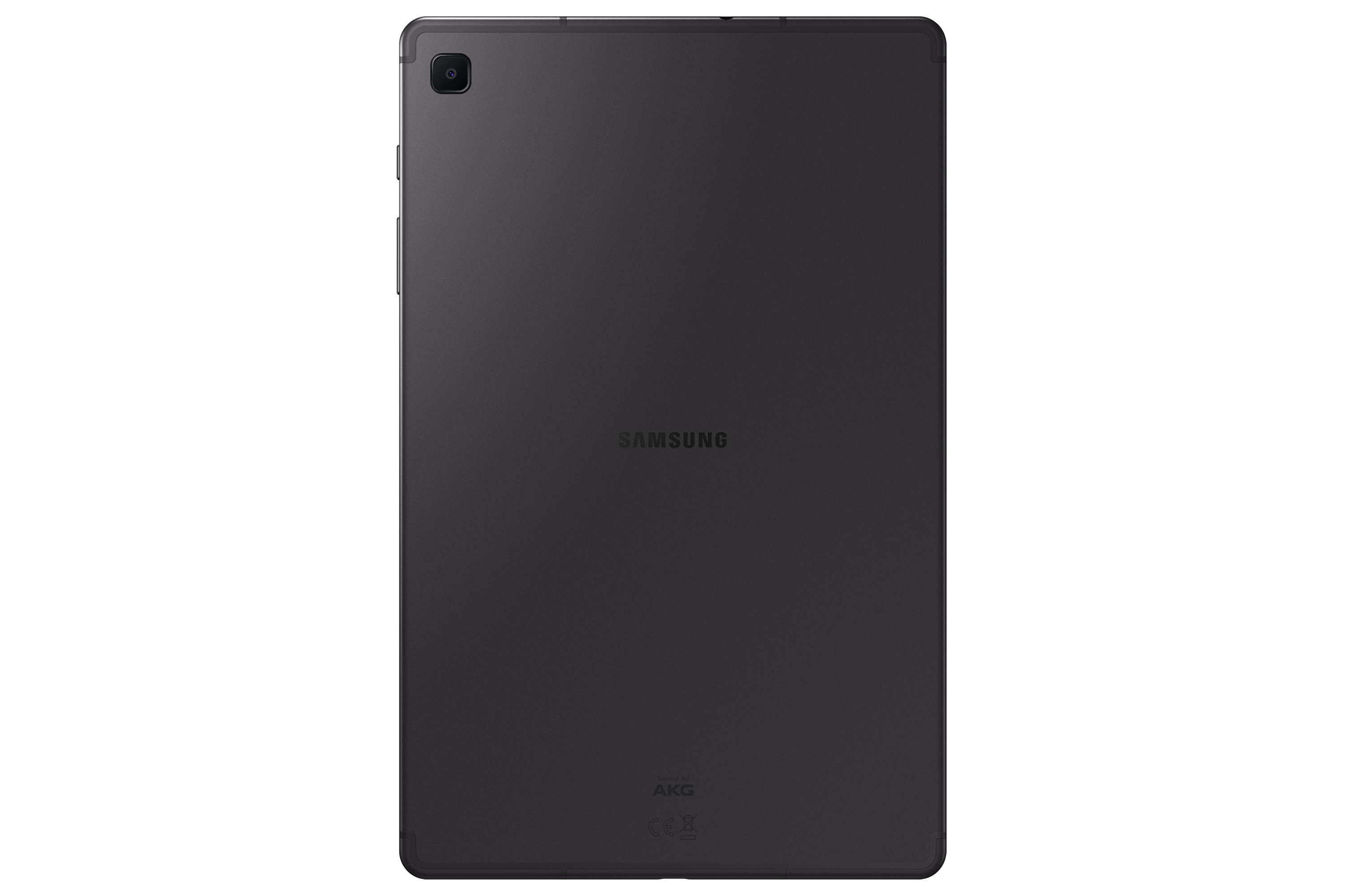 Tableta Samsung negra sobre fondo blanco. Vista trasera con logotipo de Samsung y marca AKG.