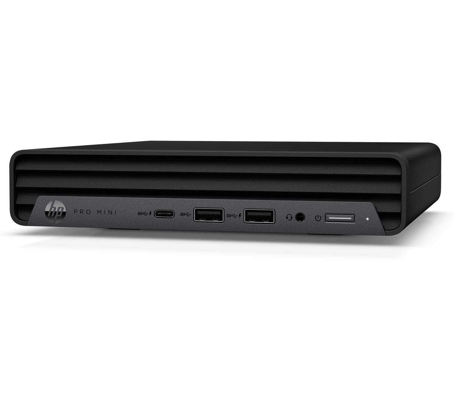 Ordinateur HP Pro Mini noir avec plusieurs ports USB, bouton d'alimentation et prise audio.