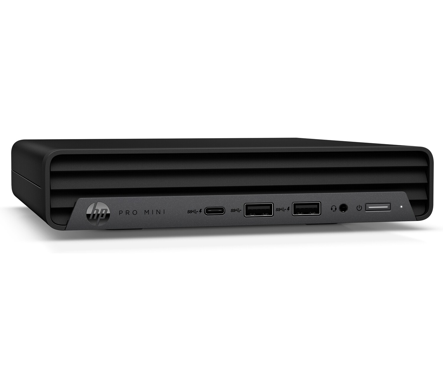 Schwarzer, kompakter HP Pro Mini Computer. Er hat Anschlüsse an der Vorderseite, einschließlich USB und Audio.