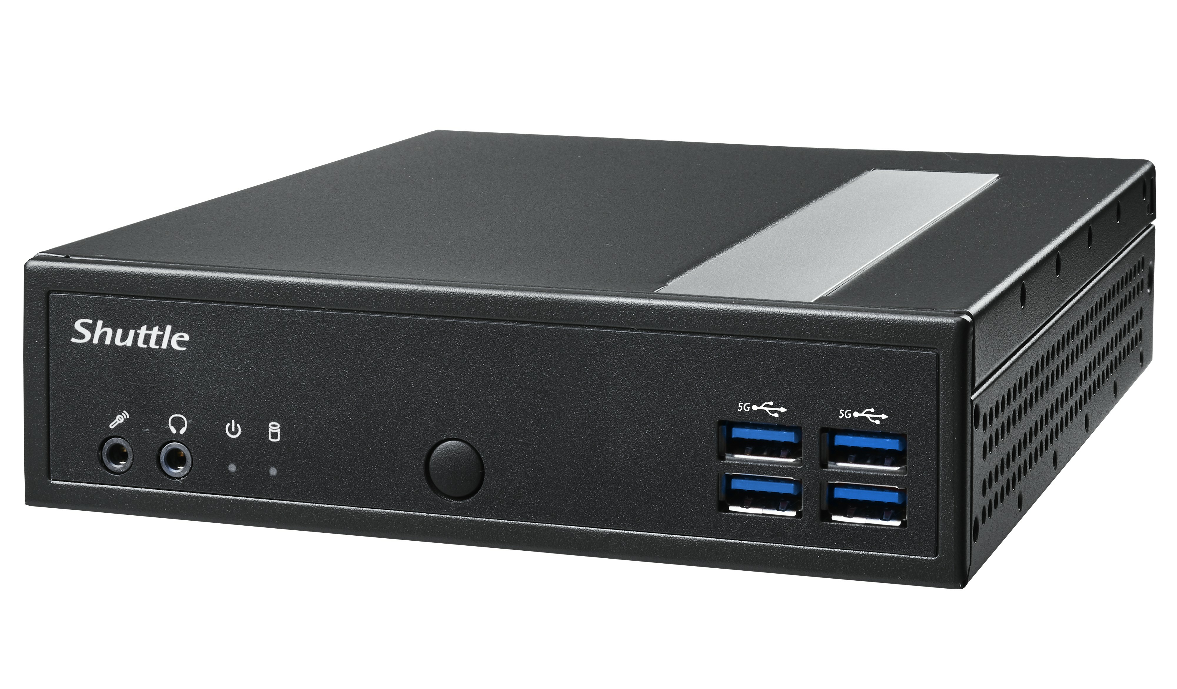 Un case per computer Shuttle nero con porte frontali e un accento argentato.