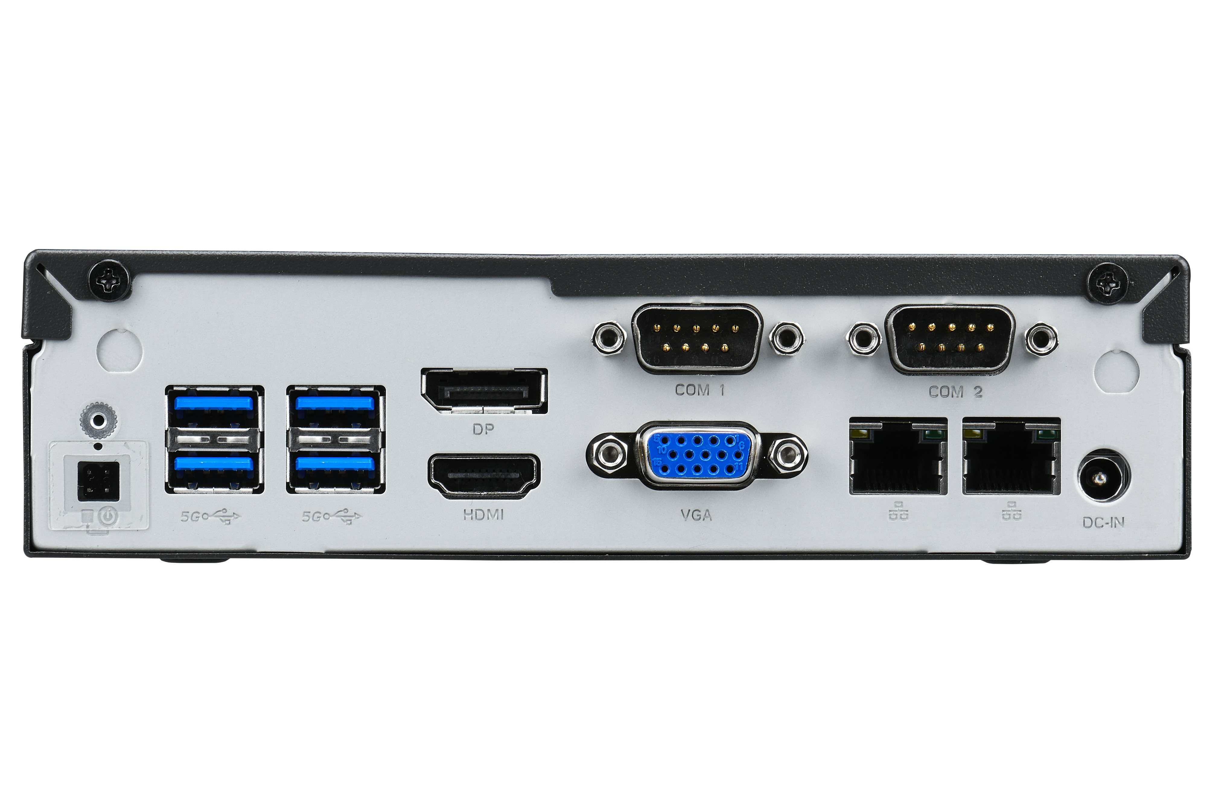 Vista posteriore di un computer nero e argento con porte e slot etichettati.