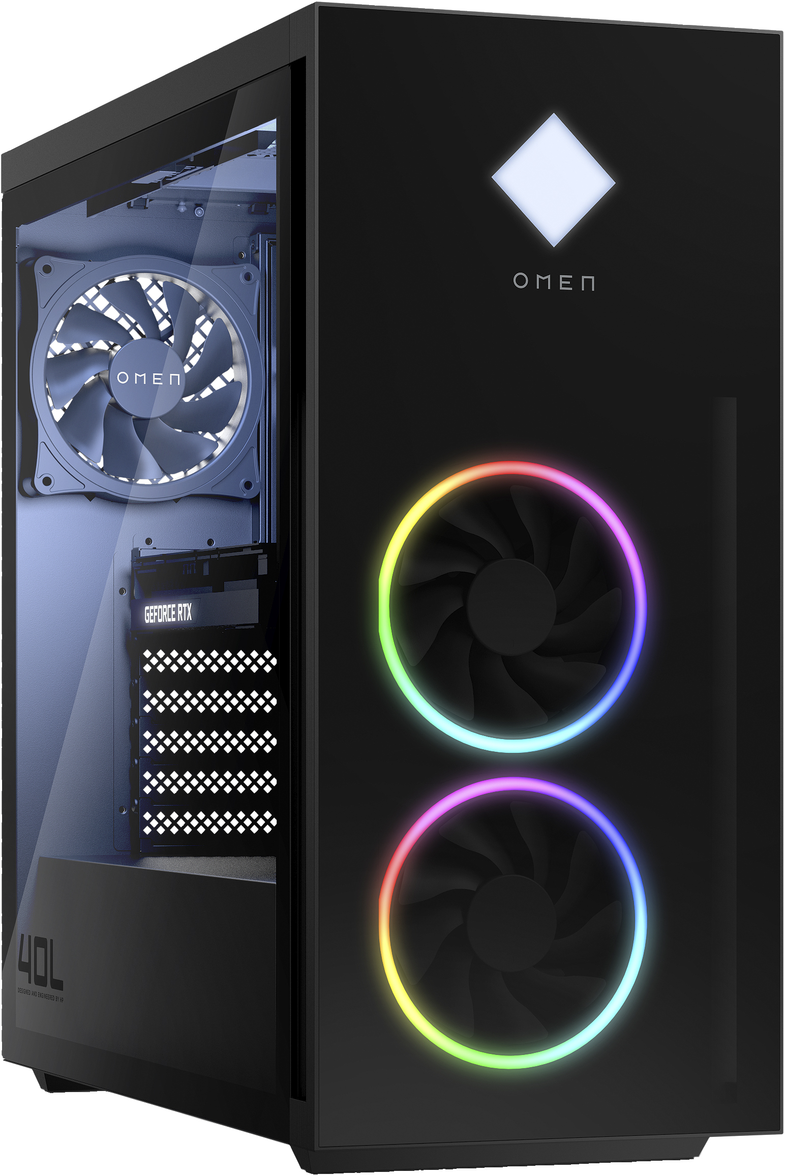 Czarna obudowa komputera do gier OMEN z widocznymi komponentami. Oświetlenie RGB.