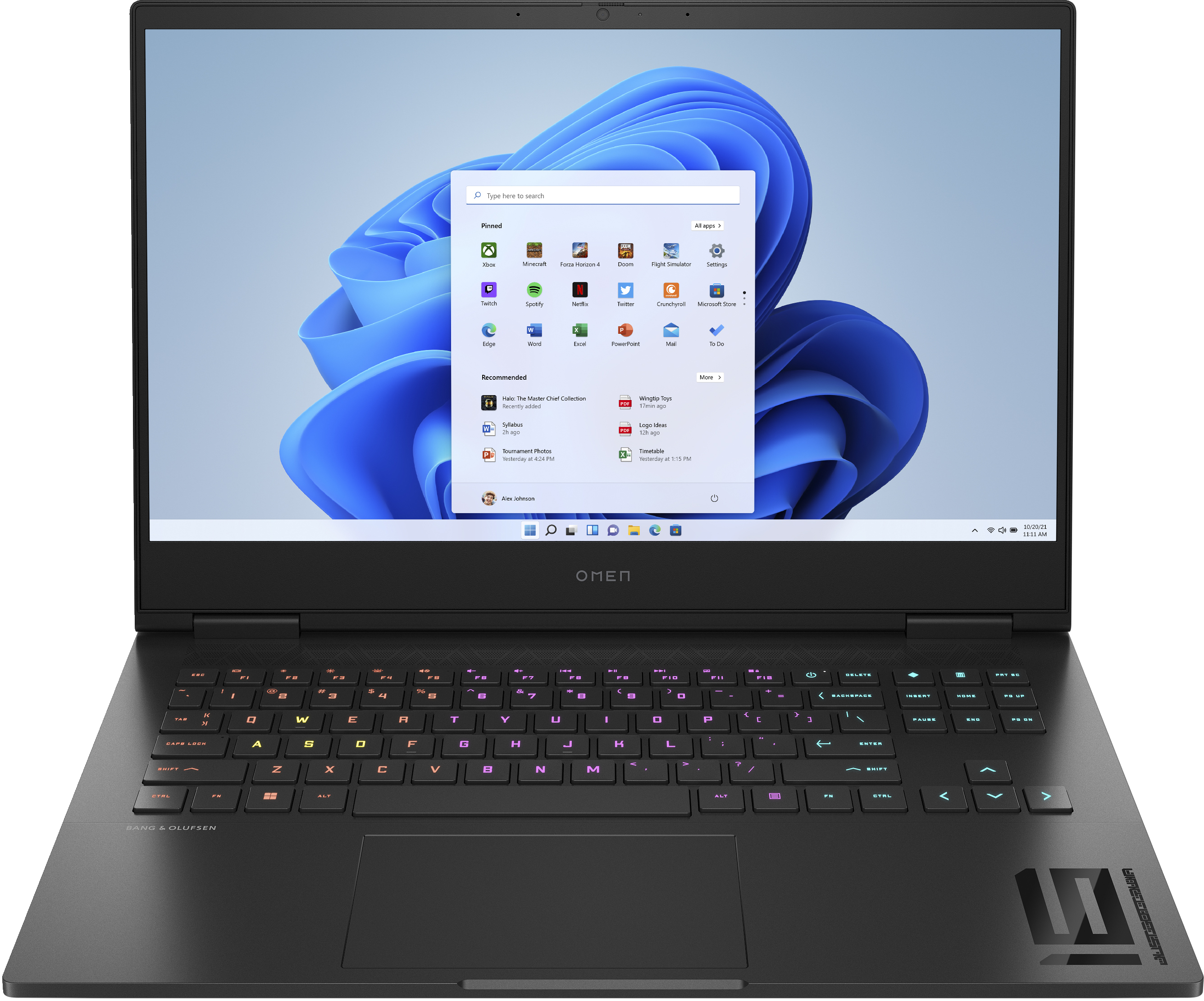 Schwarzer Laptop mit offenem Bildschirm, der die Windows 11-Oberfläche und mehrere Apps zeigt.