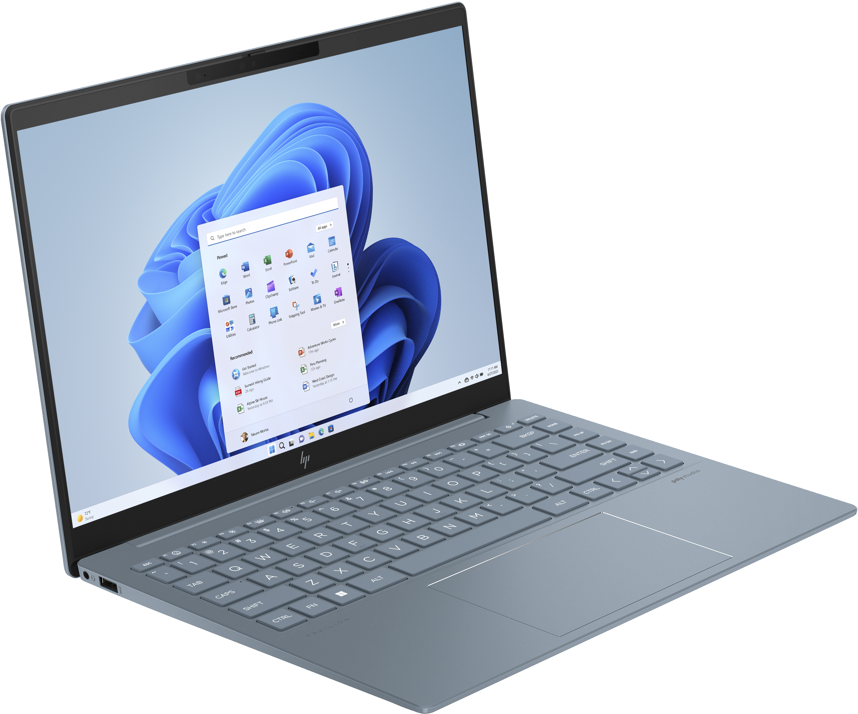 Ordenador portátil azul, teclado abierto, con interfaz Windows 11 en la pantalla.