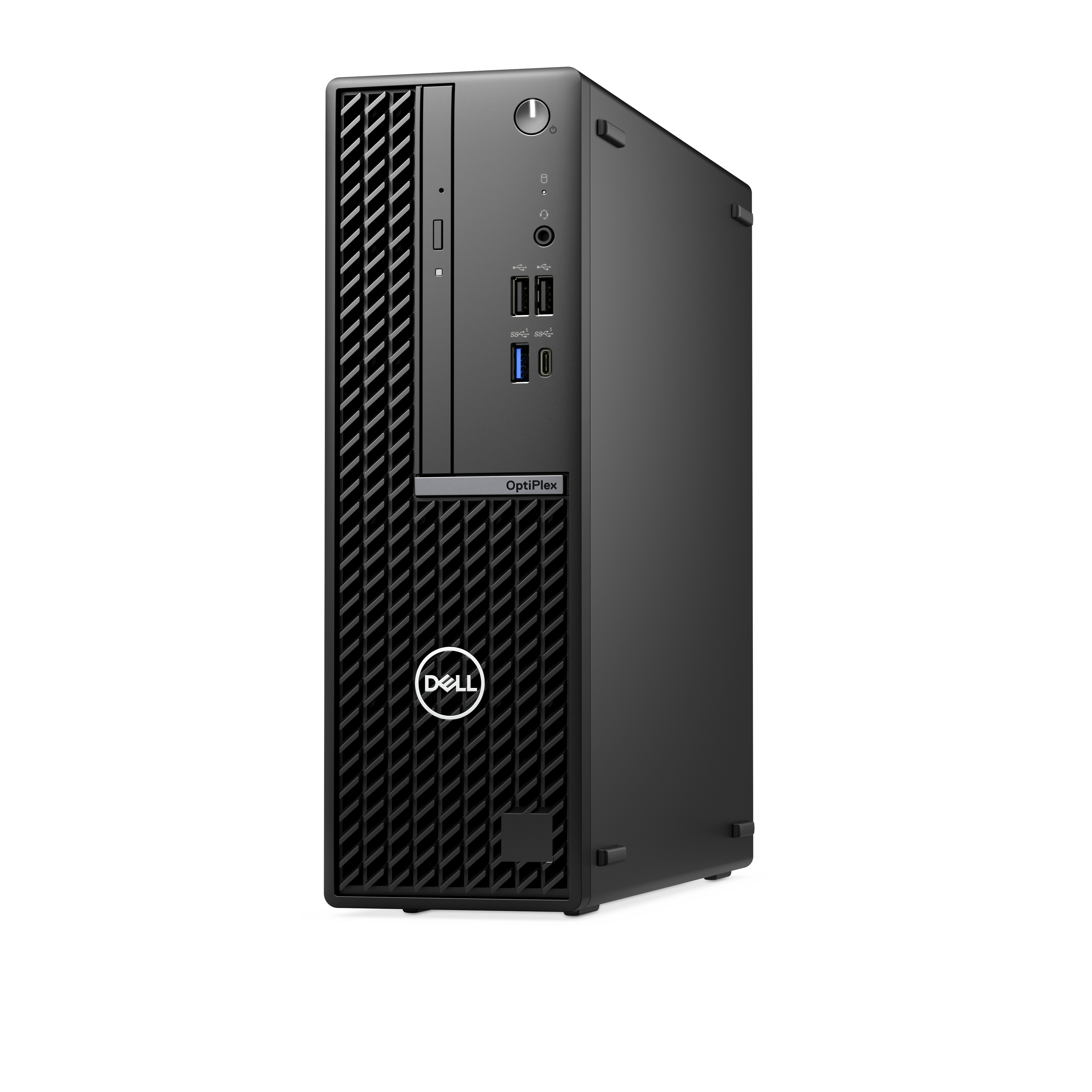 Czarna wieża komputera Dell OptiPlex na białym tle. Widoczny jest przód wieży.