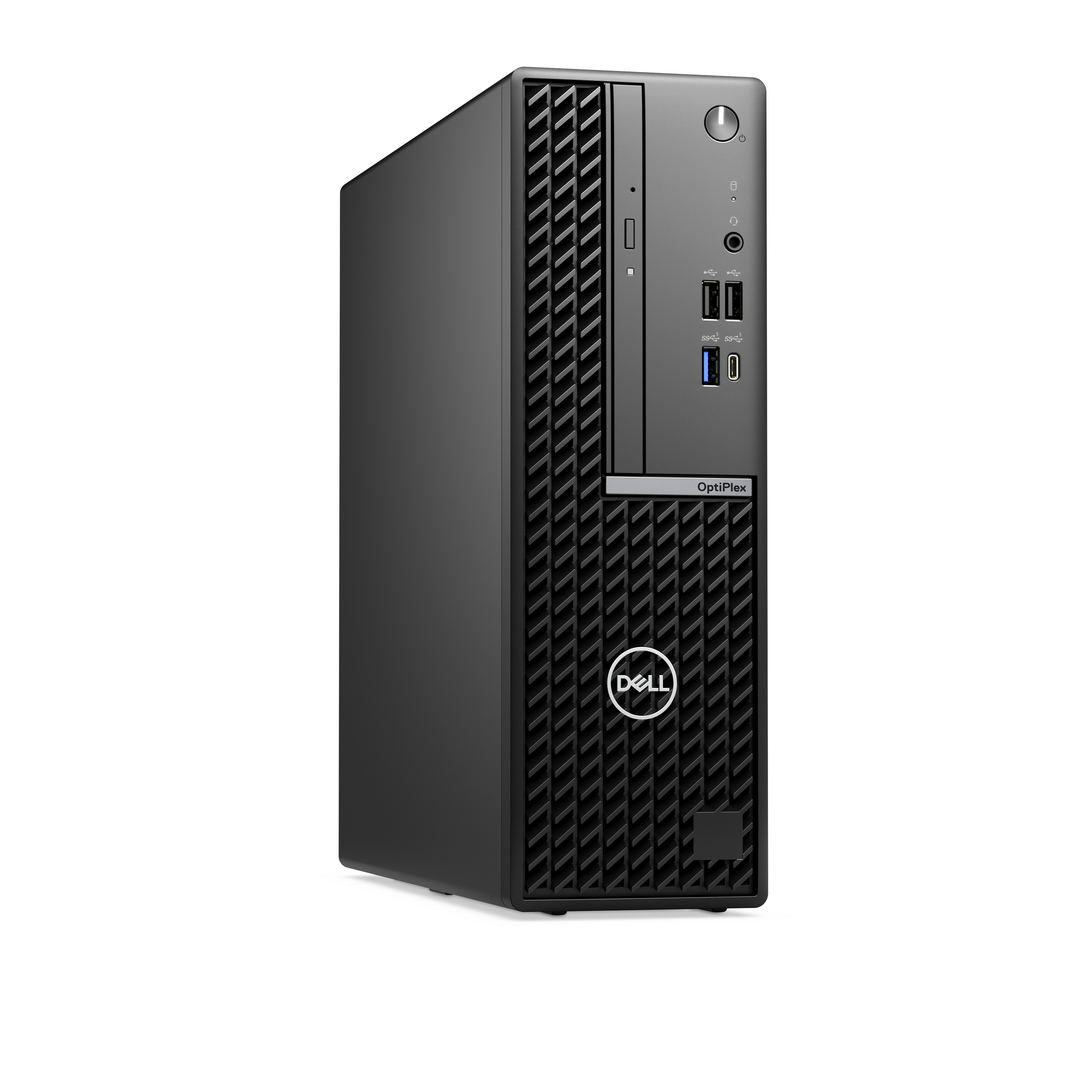 Czarny komputer stacjonarny Dell OptiPlex, widok z boku.