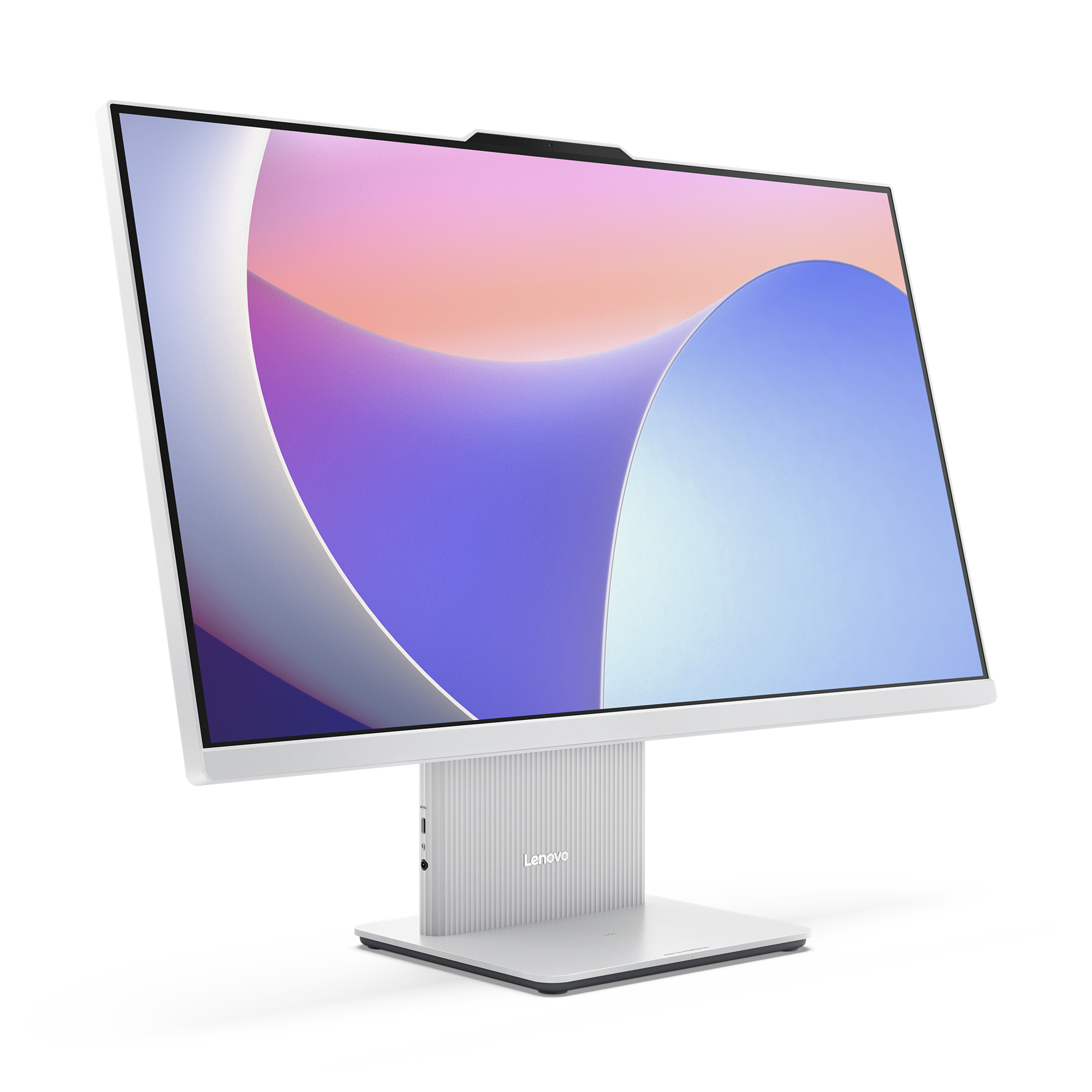 Biały komputer Lenovo all-in-one z białym monitorem.