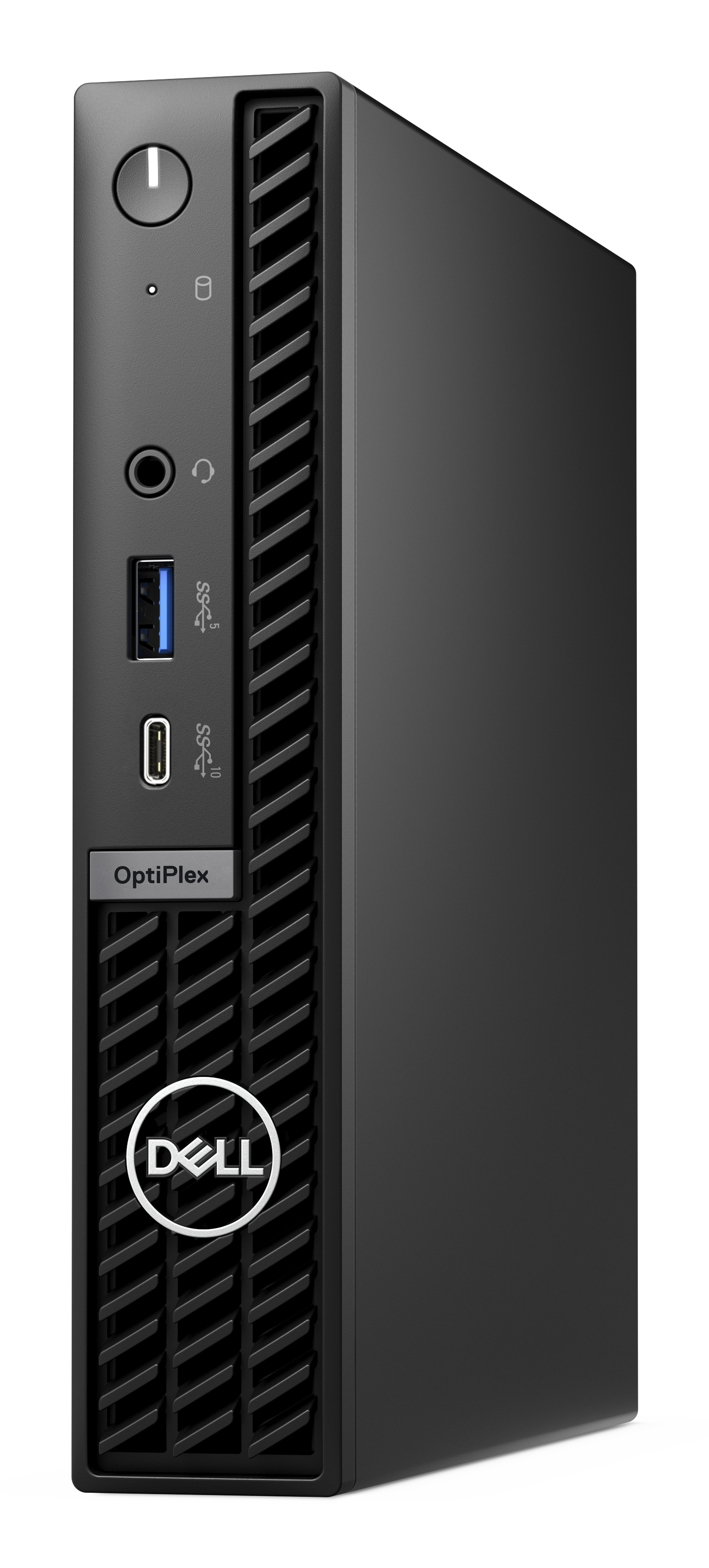 PC Dell OptiPlex nero small form factor. Pulsante di accensione, porte e logo Dell.
