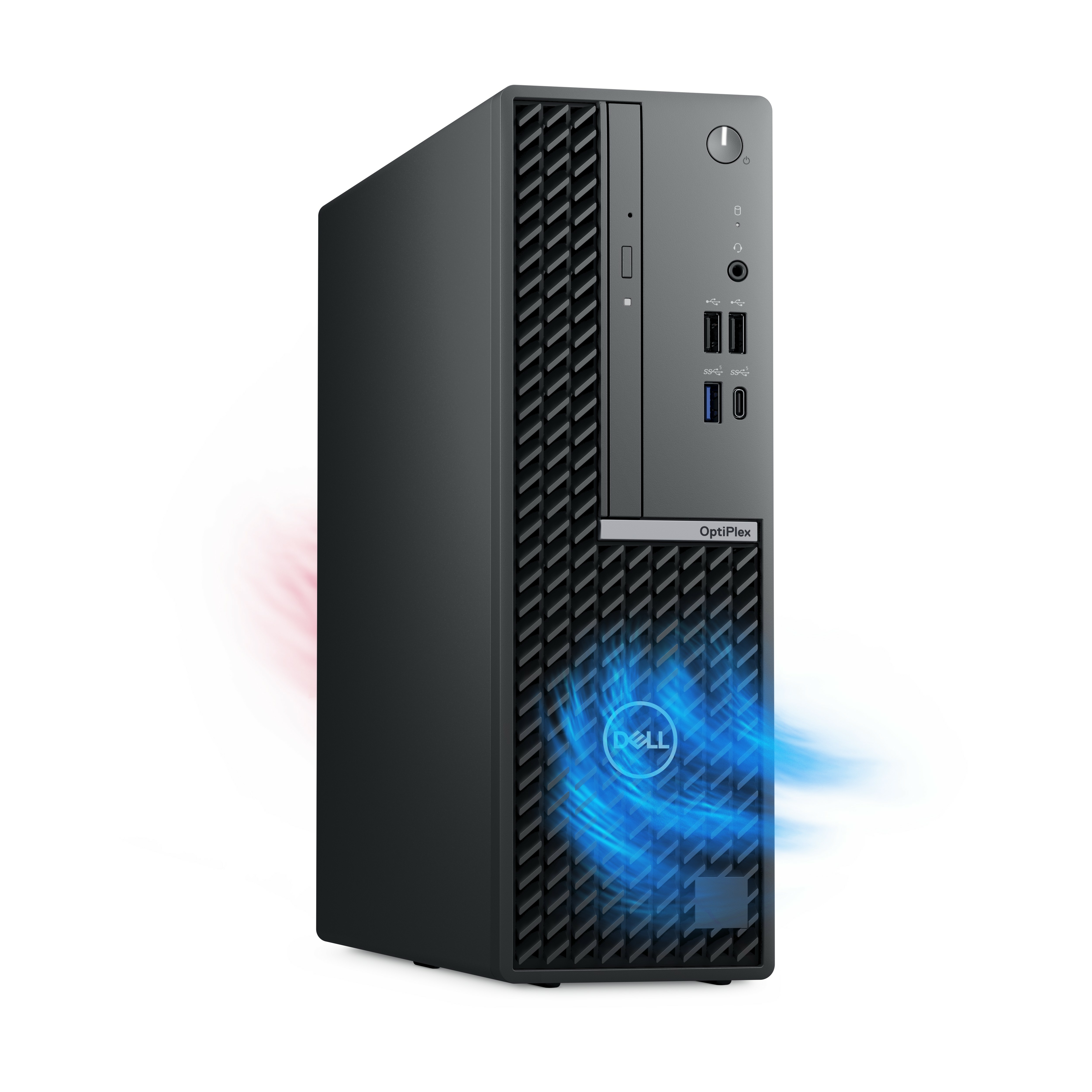 Czarny komputer stacjonarny Dell OptiPlex z efektem niebieskiego i czerwonego światła.