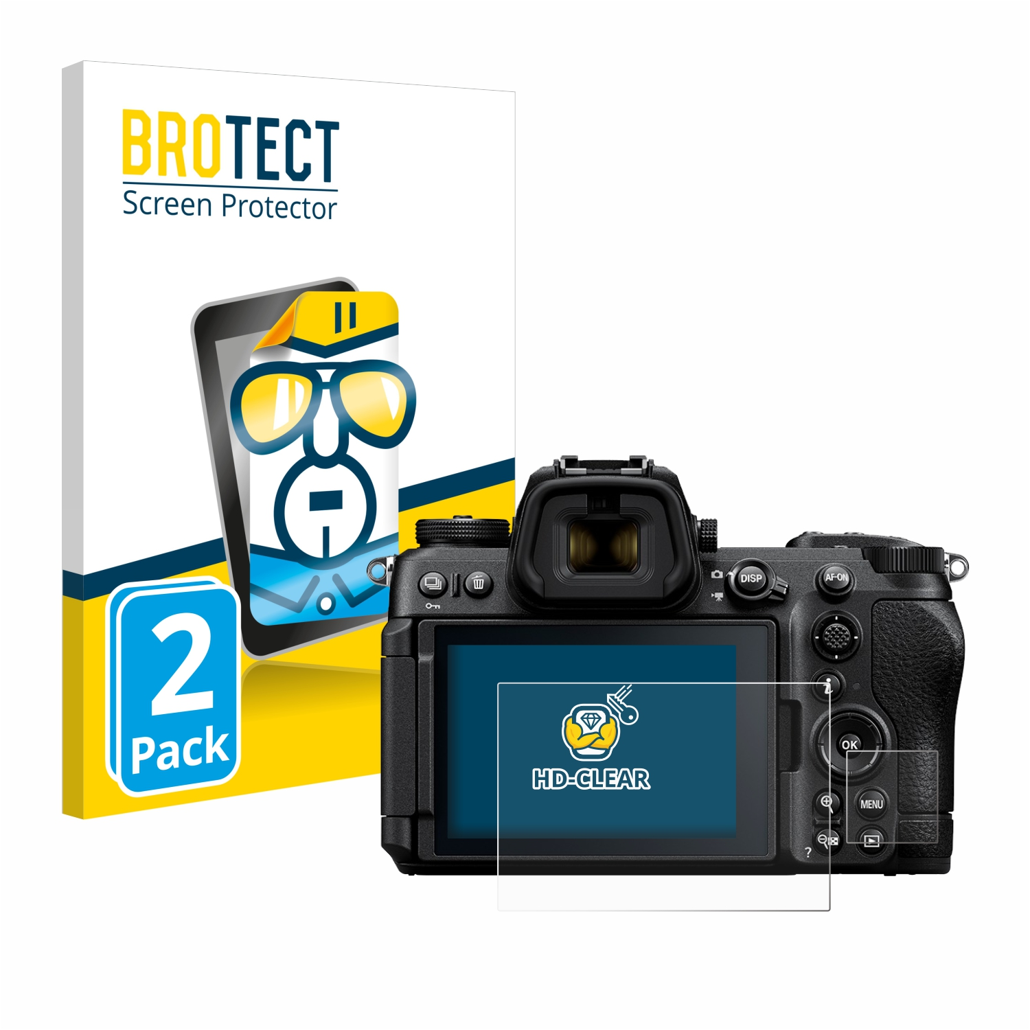 Eine Kamera und eine Displayschutzfolie neben einer Schachtel mit „BROTECT Screen Protector“.