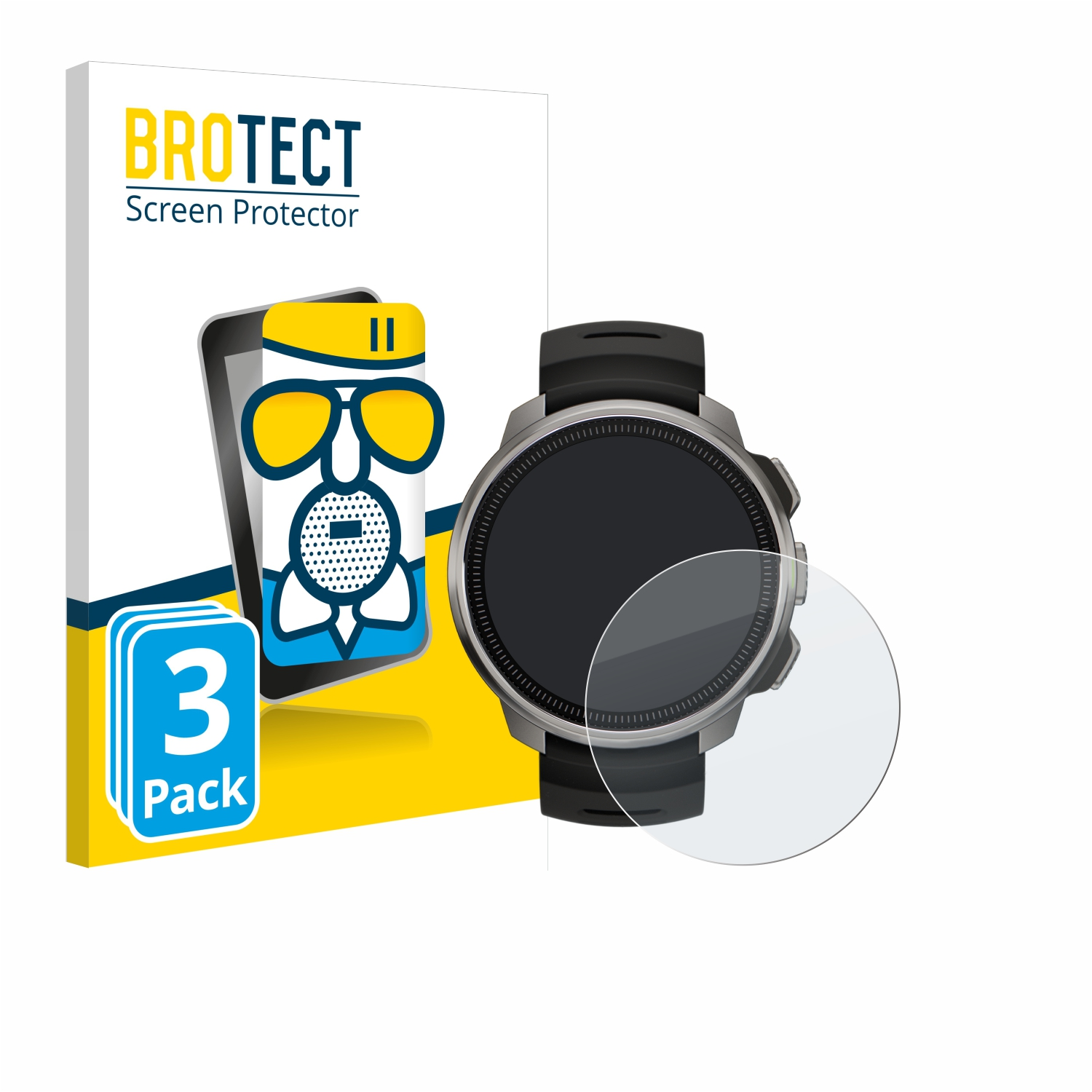 Smartwatch mit Displayschutz, Verpackung links.
