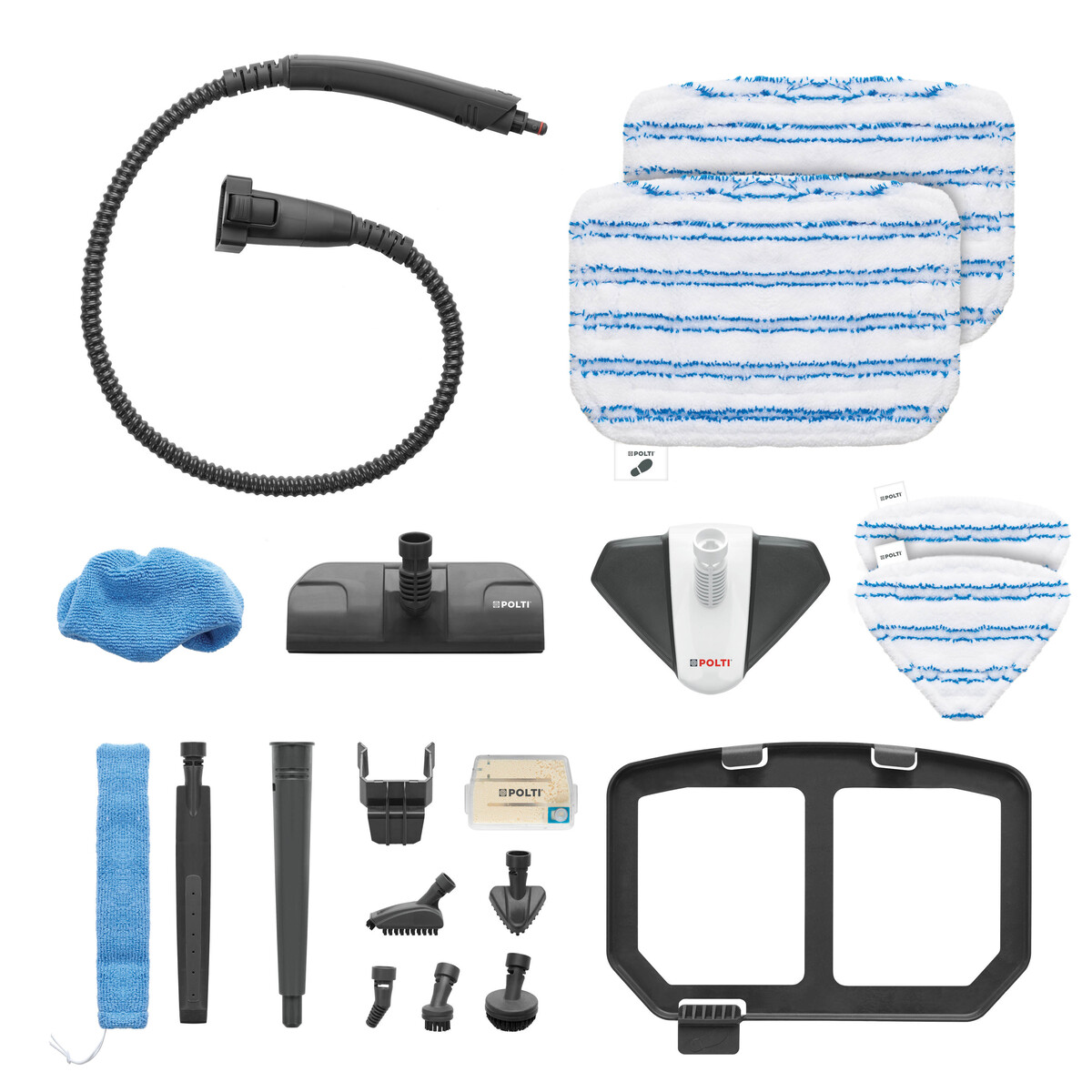 Różny sprzęt do czyszczenia, w tym nakładka do parownicy, pady i ściereczki.