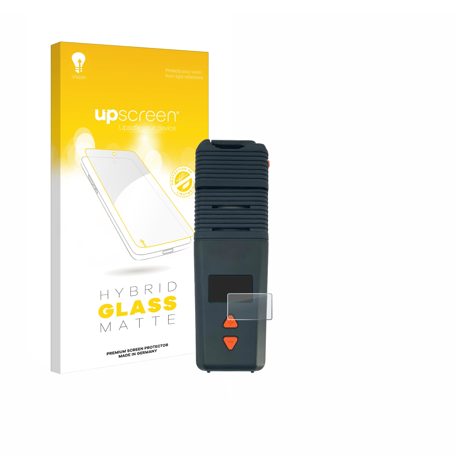 Verdampfer und Displayschutz. Gelbe Box mit Text, Verdampfer und Glasschutz auf weißem Hintergrund.
