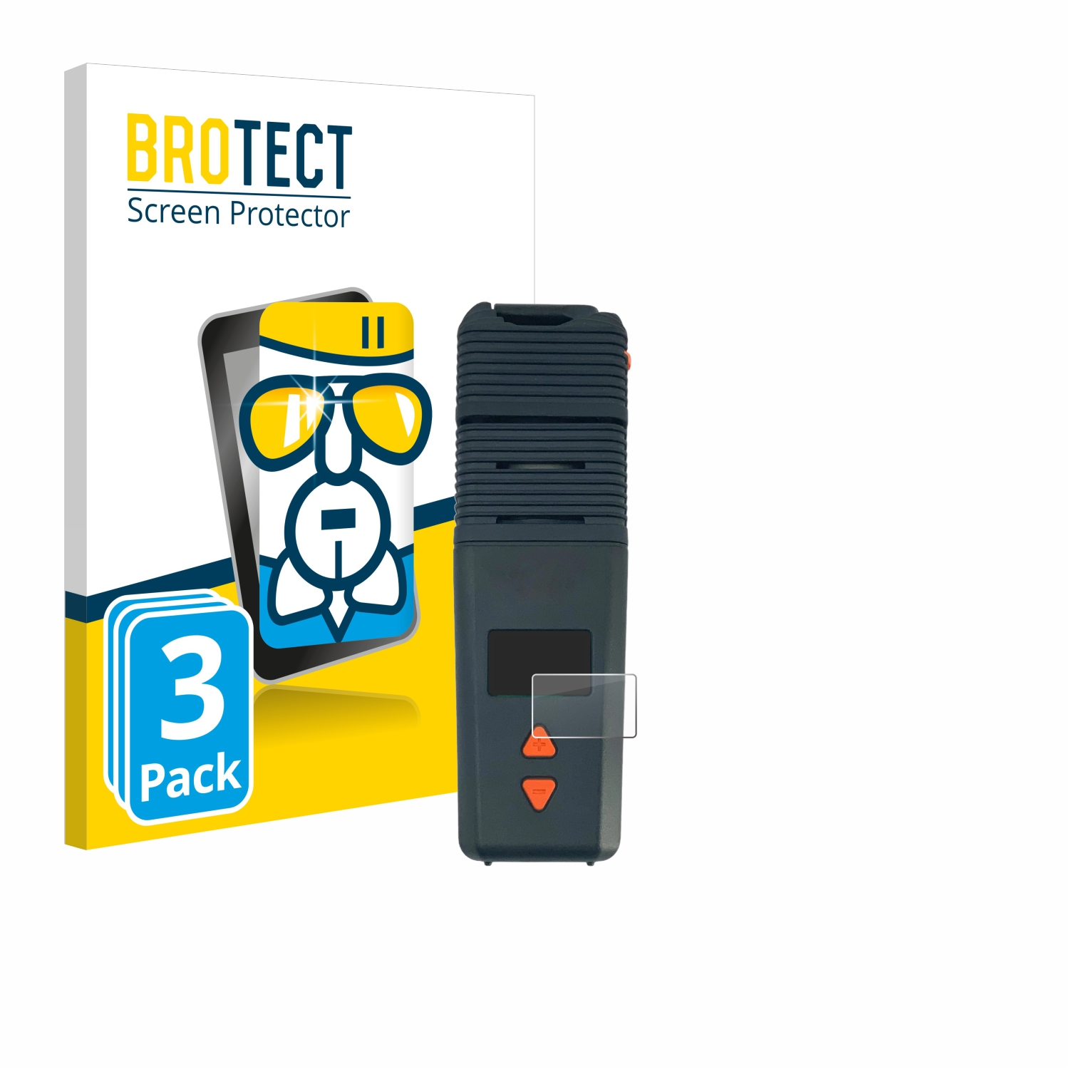 E-Zigarette mit Displayschutzfolie. Box mit Telefongrafik. Text: Brotect. 3er-Pack.