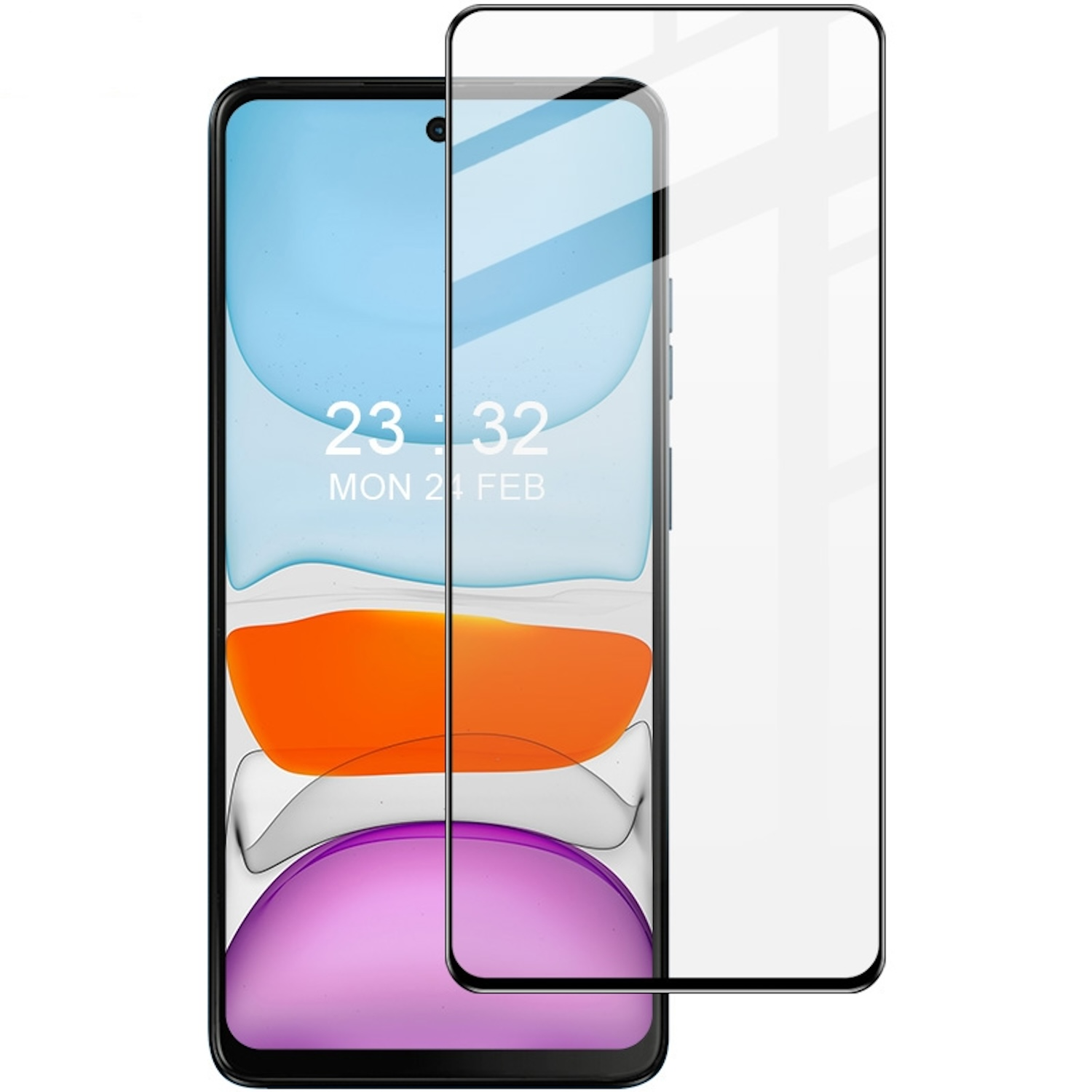 Smartphone con protezione schermo. Lo schermo mostra l'ora e la data.