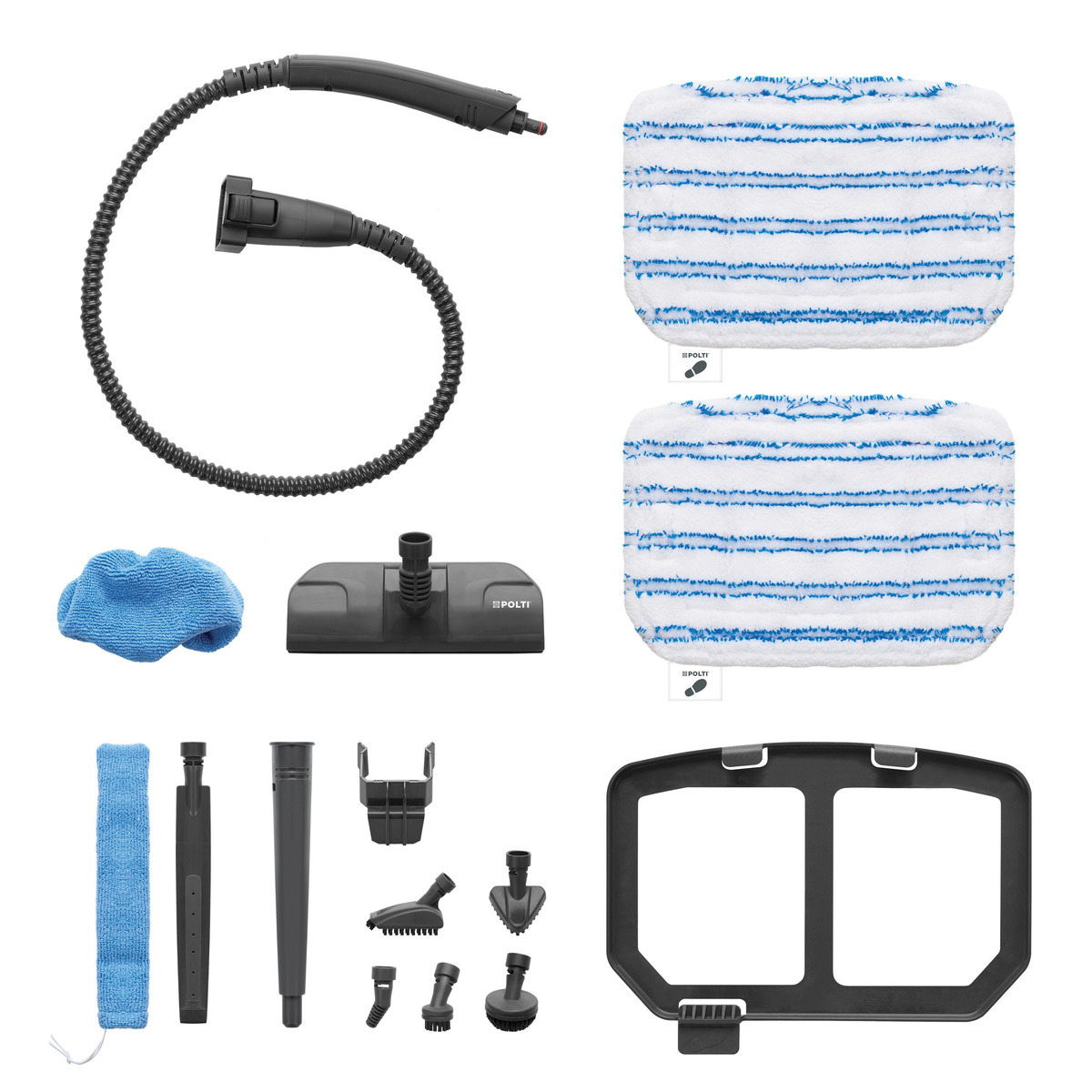 Accesorios de mopa de vapor: manguera, cabezales de mopa, paño, cabezales de cepillo y marco sobre fondo blanco. Los elementos son negros y azules.