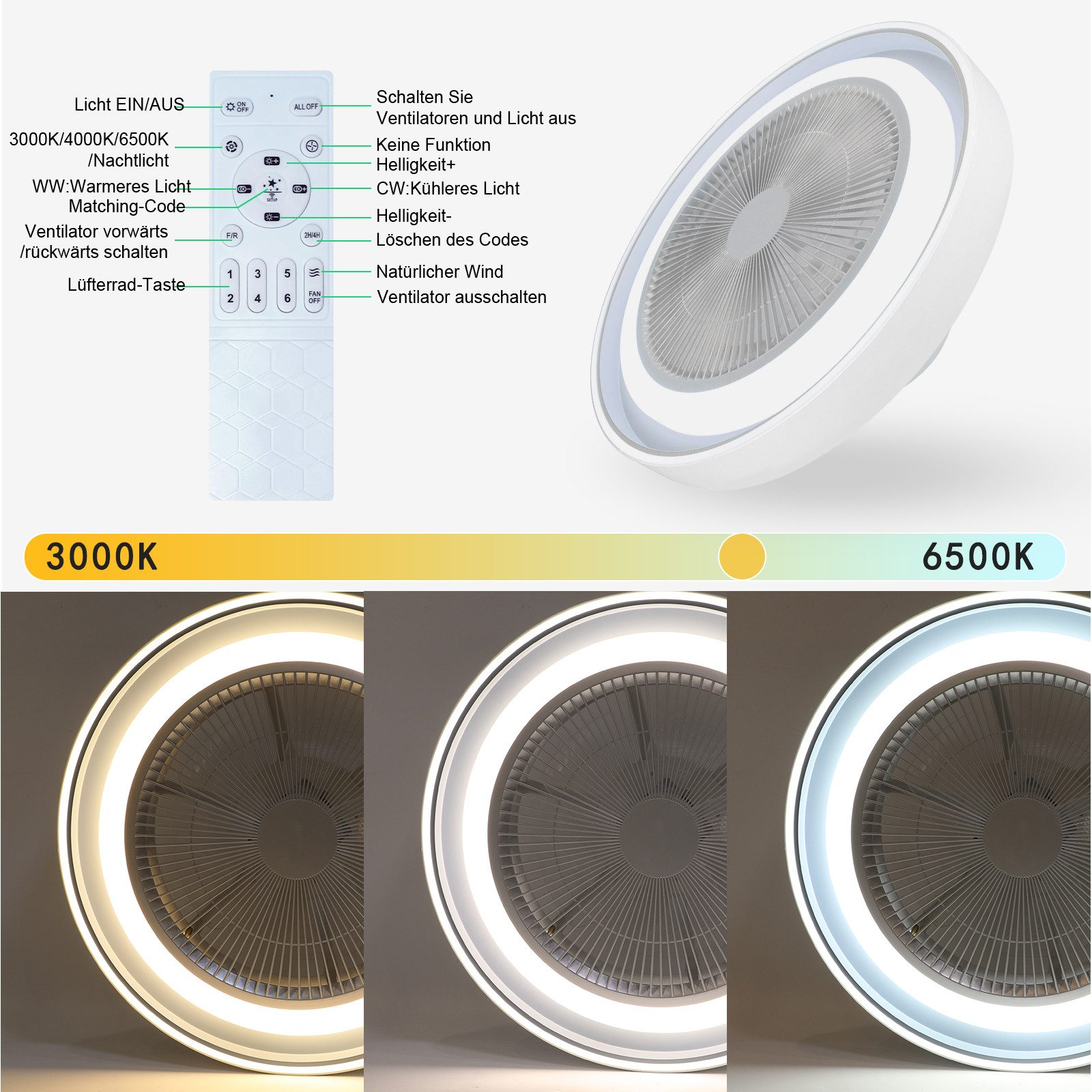 Wentylator sufitowy ze zintegrowanym oświetleniem, pilotem i opcjami kolorów światła.