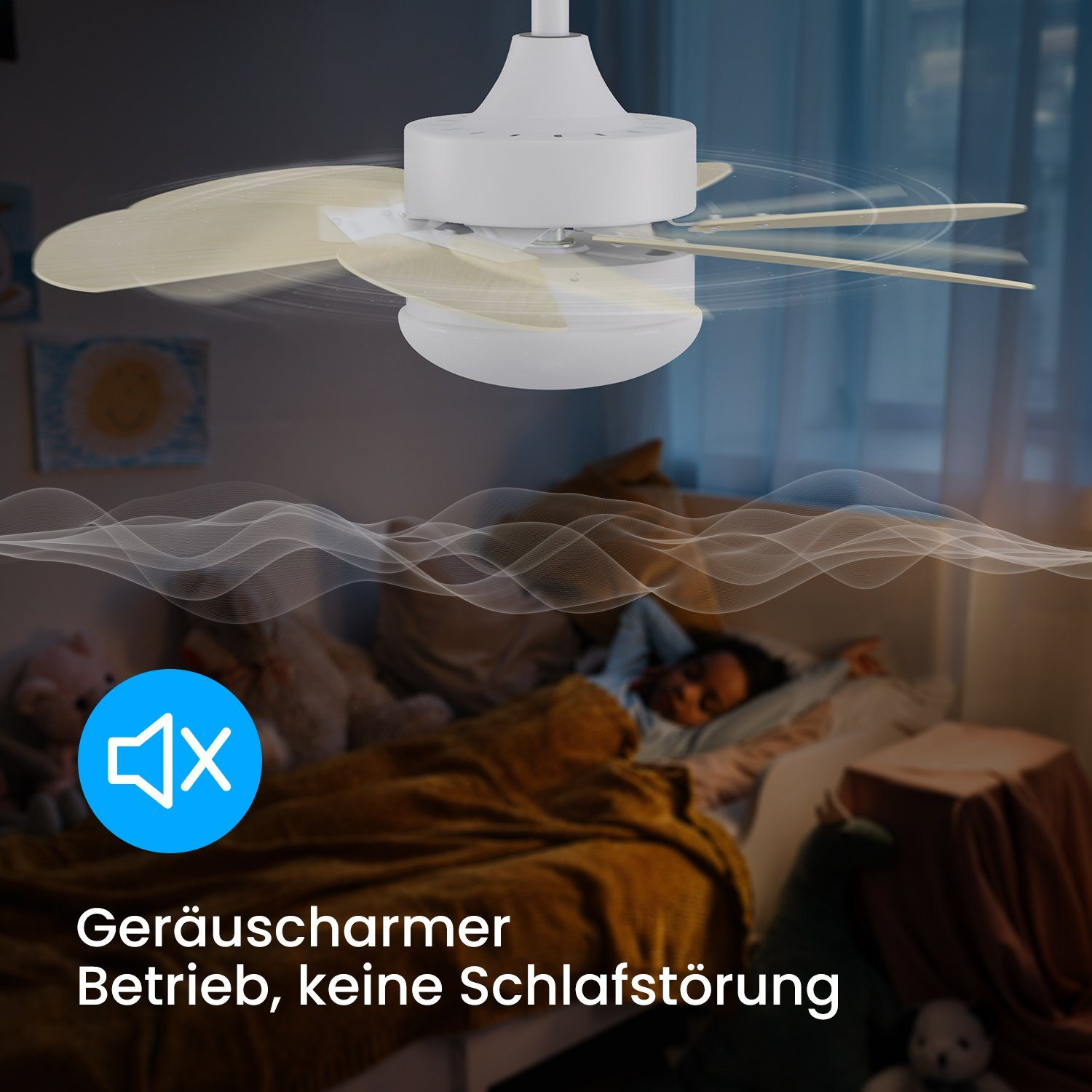 Biały wentylator sufitowy ze światłem w sypialni. Dziecko śpi w łóżku.