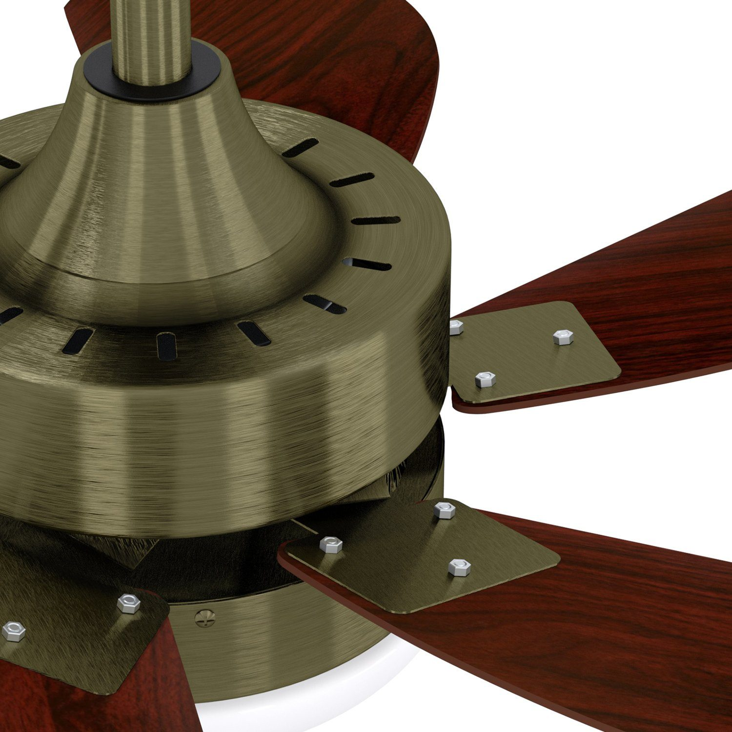 Zbliżenie wentylatora sufitowego z brązowym wykończeniem, ciemnymi drewnianymi łopatkami i metalowymi akcentami.