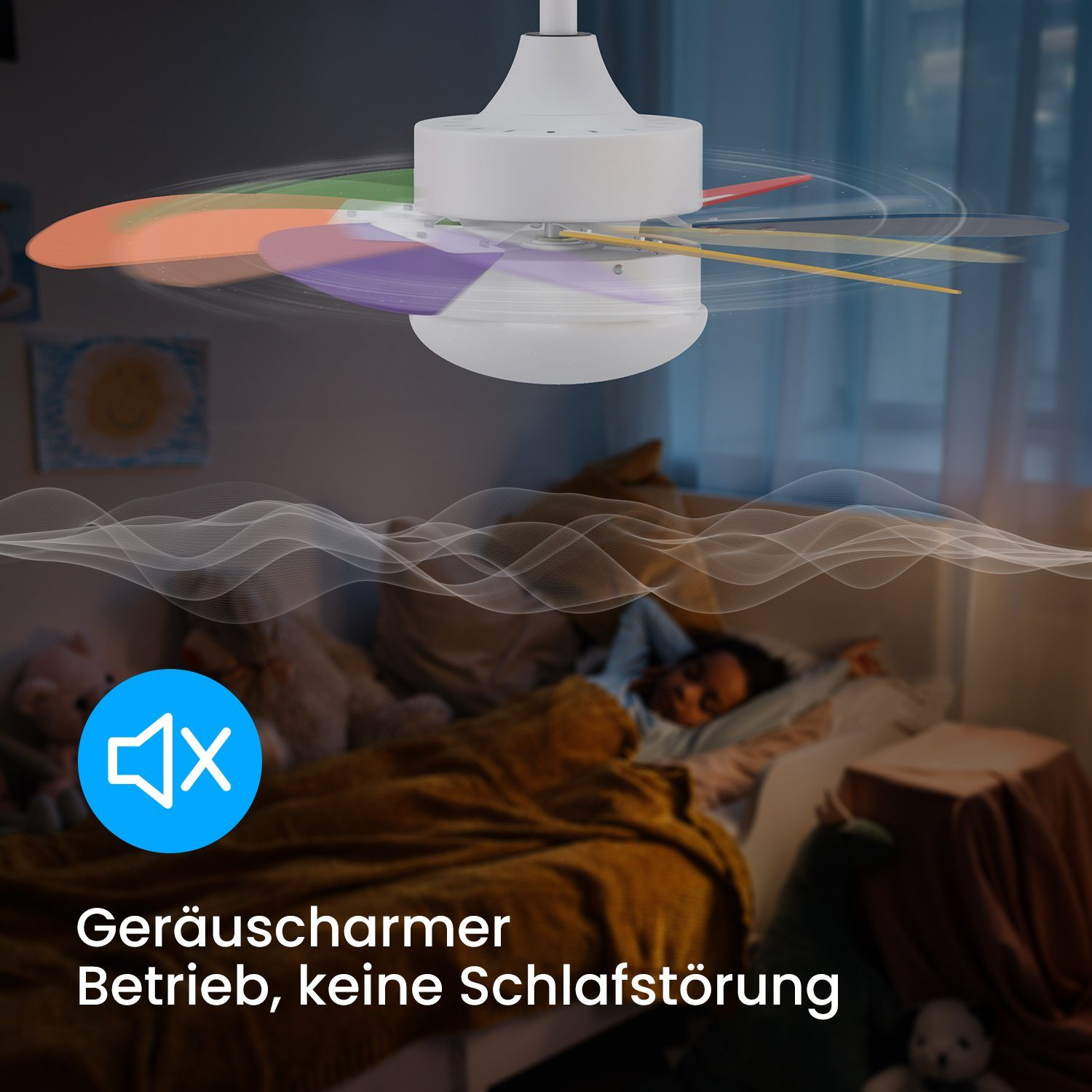 Wentylator sufitowy z wielokolorowymi łopatkami nad dzieckiem śpiącym w łóżku.