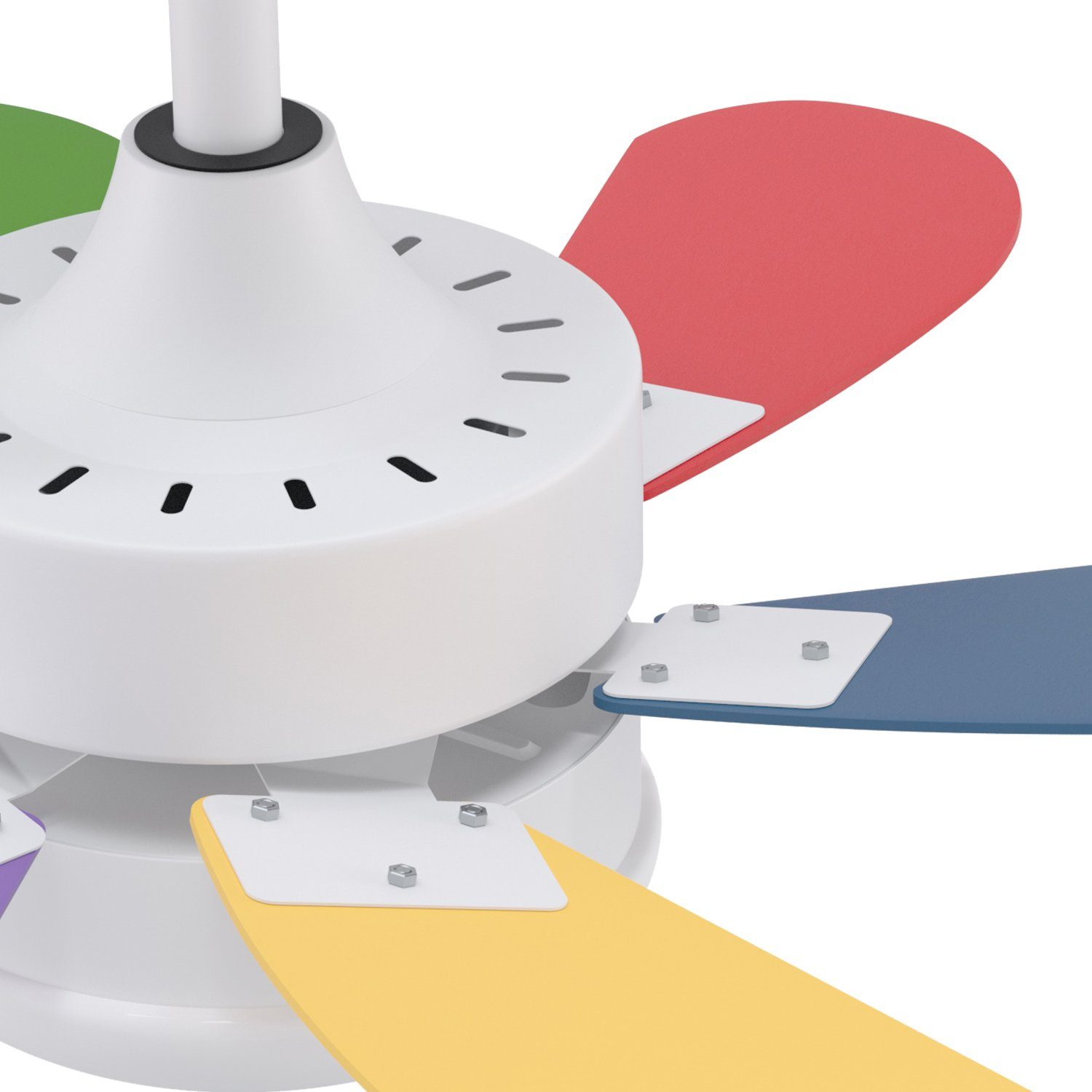 Biały wentylator sufitowy z łopatkami w różnych kolorach: zielonym, czerwonym, niebieskim, żółtym i fioletowym.