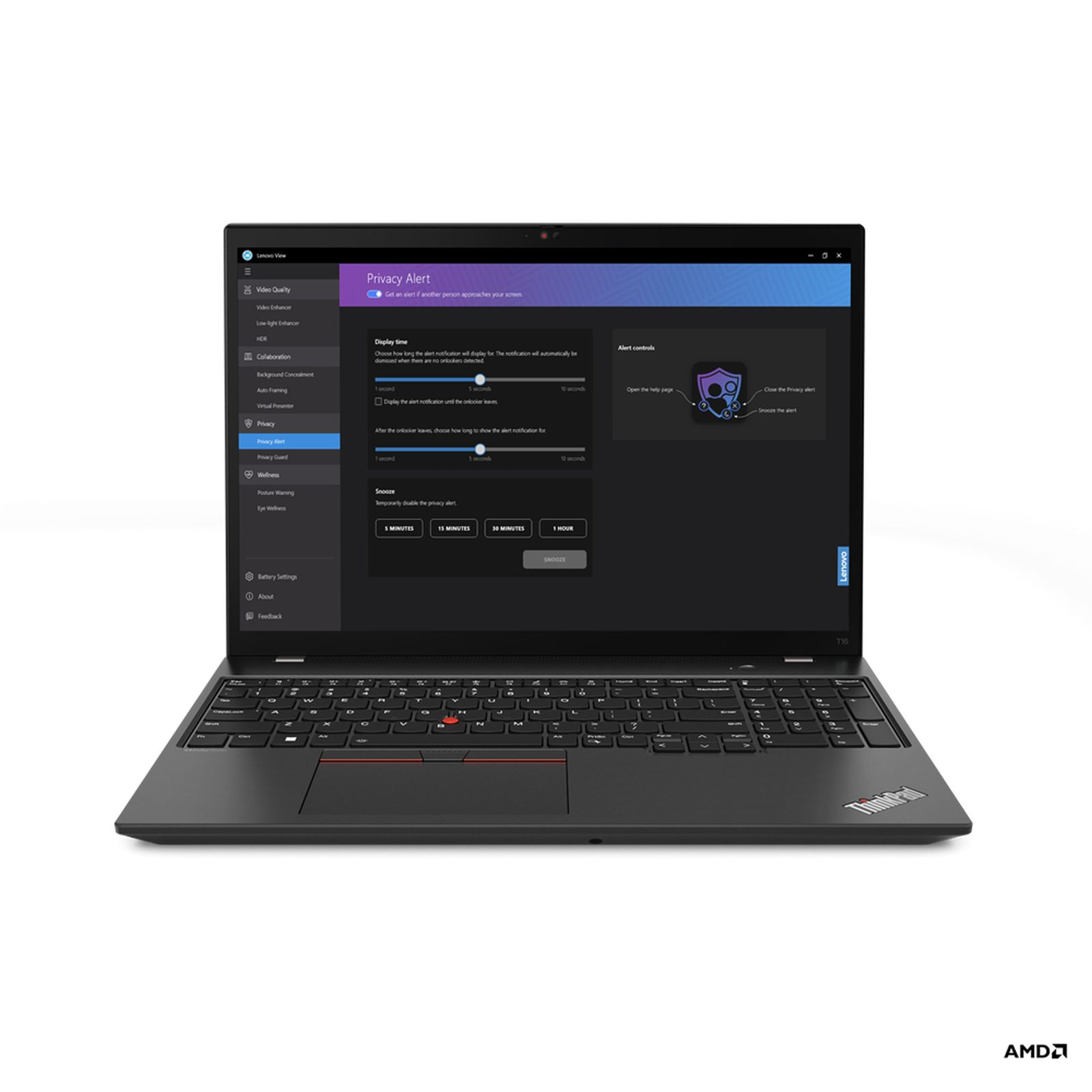 Lo schermo di un laptop mostra le impostazioni di avviso sulla privacy, con opzioni per la durata e la sospensione dell'avviso.