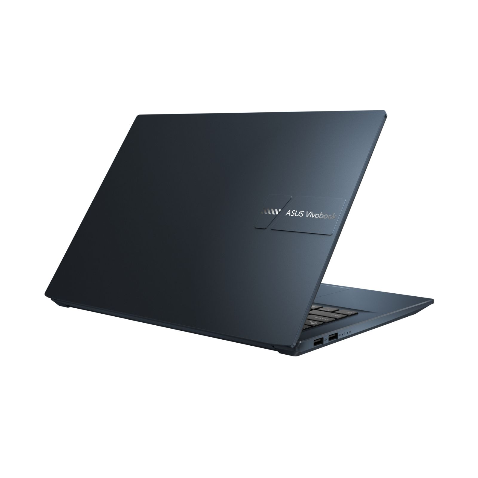 Dunkelblauer Laptop, leicht geöffnet, mit silbernem ASUS-Logo auf der Rückseite. Tastatur sichtbar.