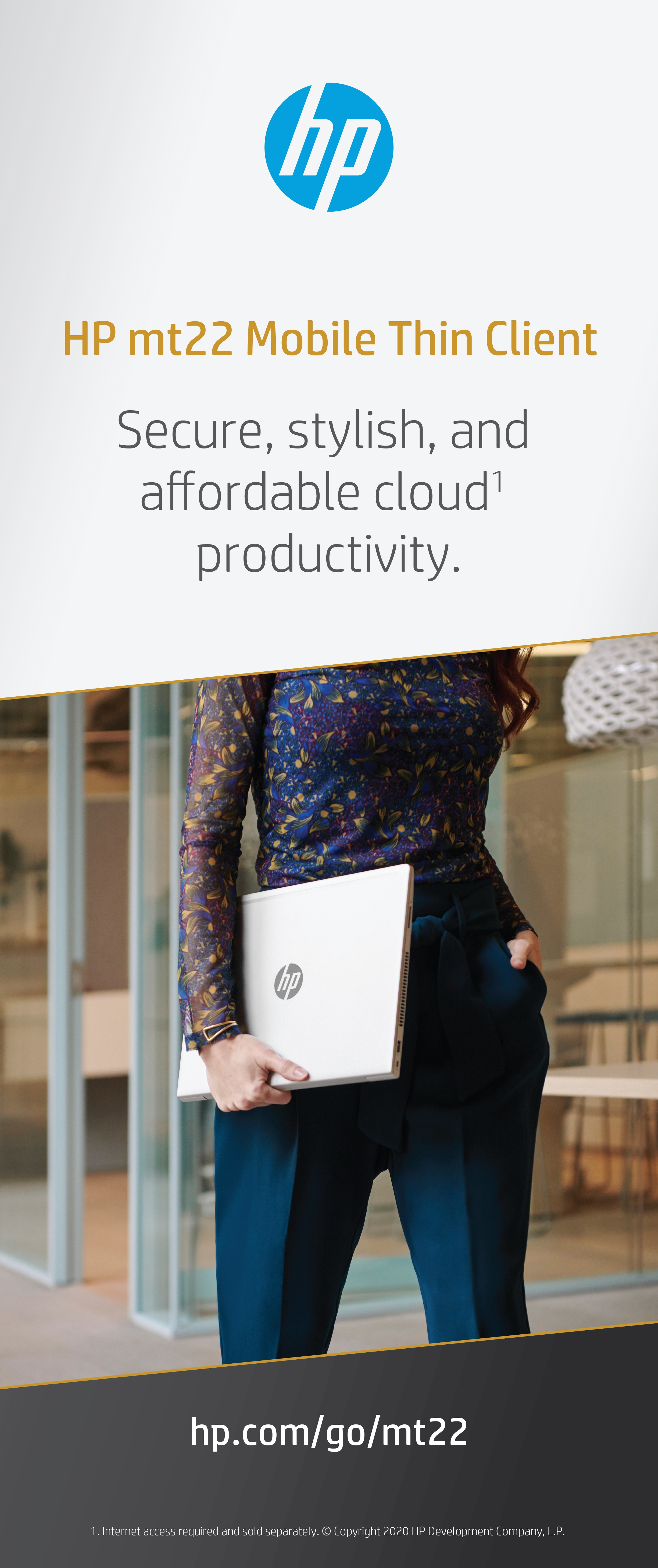 Ein Banner-Werbespot für HP mt22 Mobile Thin Client. Eine Frau hält den Laptop. Der Hintergrund ist ein modernes Büro.
