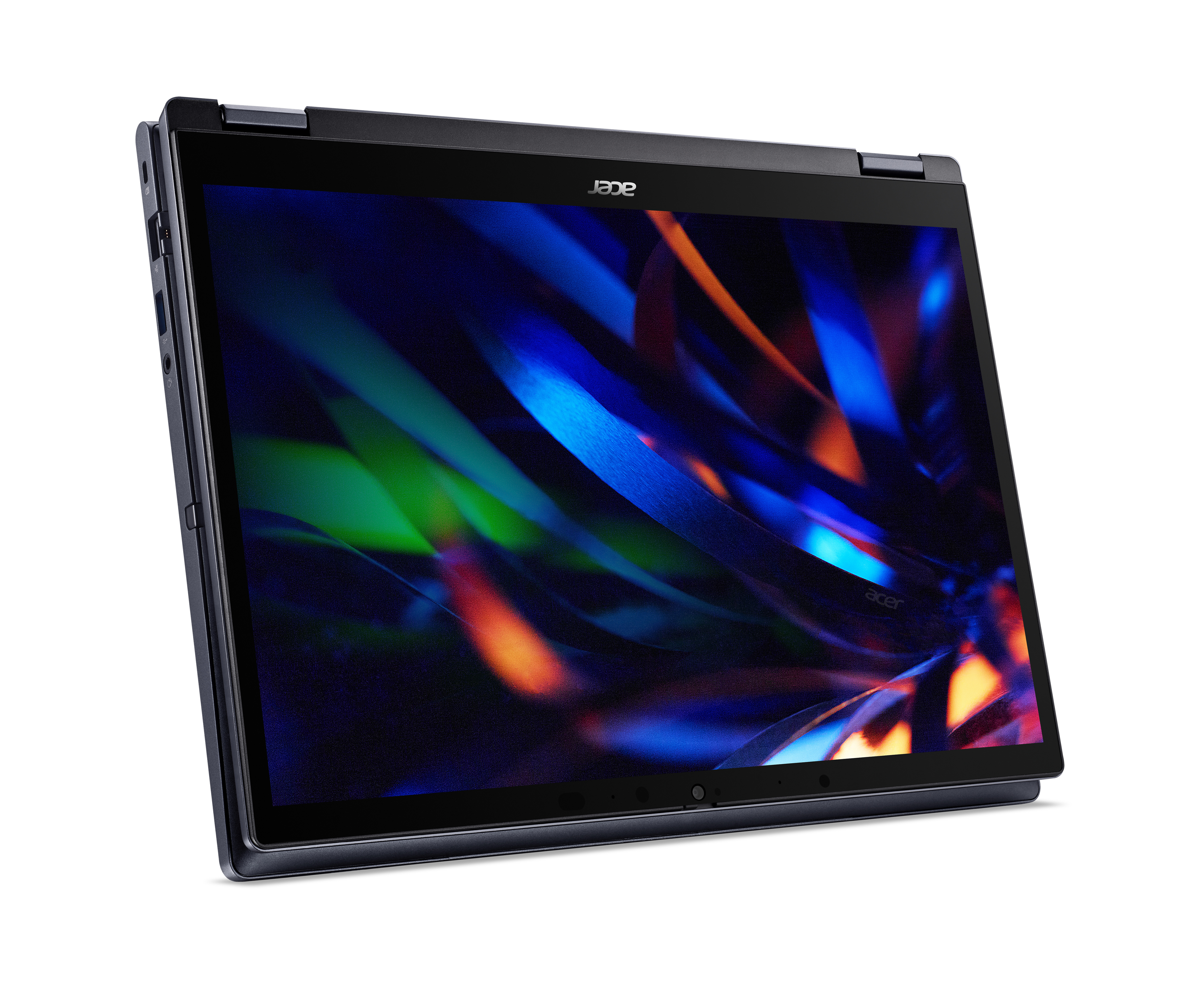 Laptop Acer z ekranem pokazującym abstrakcyjne niebieskie i fioletowe kształty.