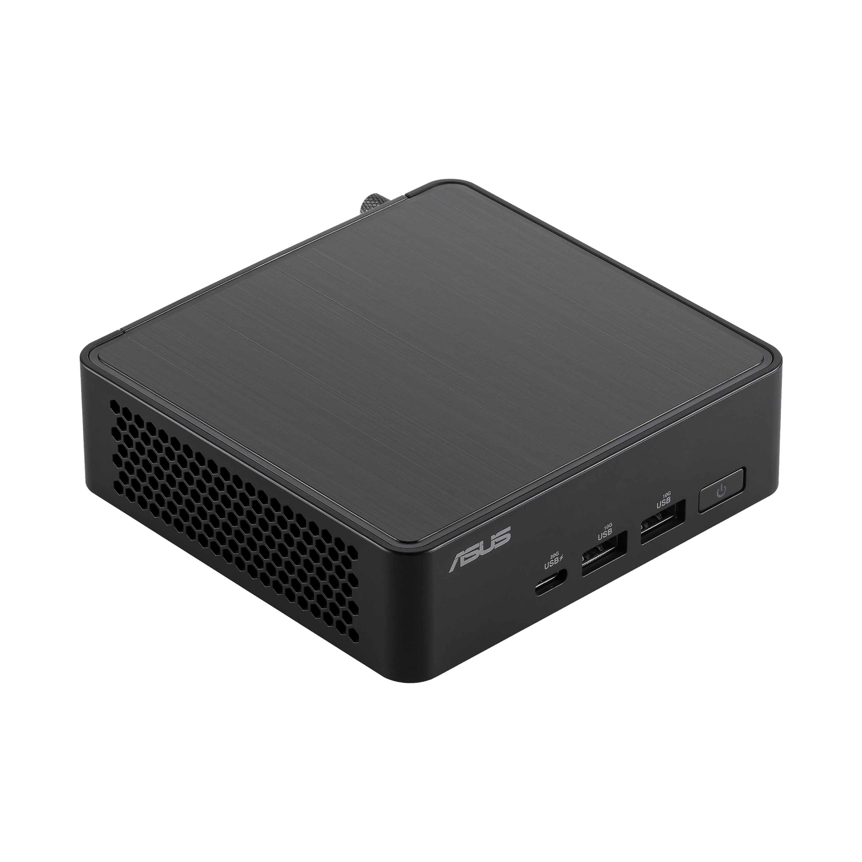 Czarny, kwadratowy mini PC ASUS, z portami z przodu i z boku. Ma elegancką, teksturowaną powierzchnię.