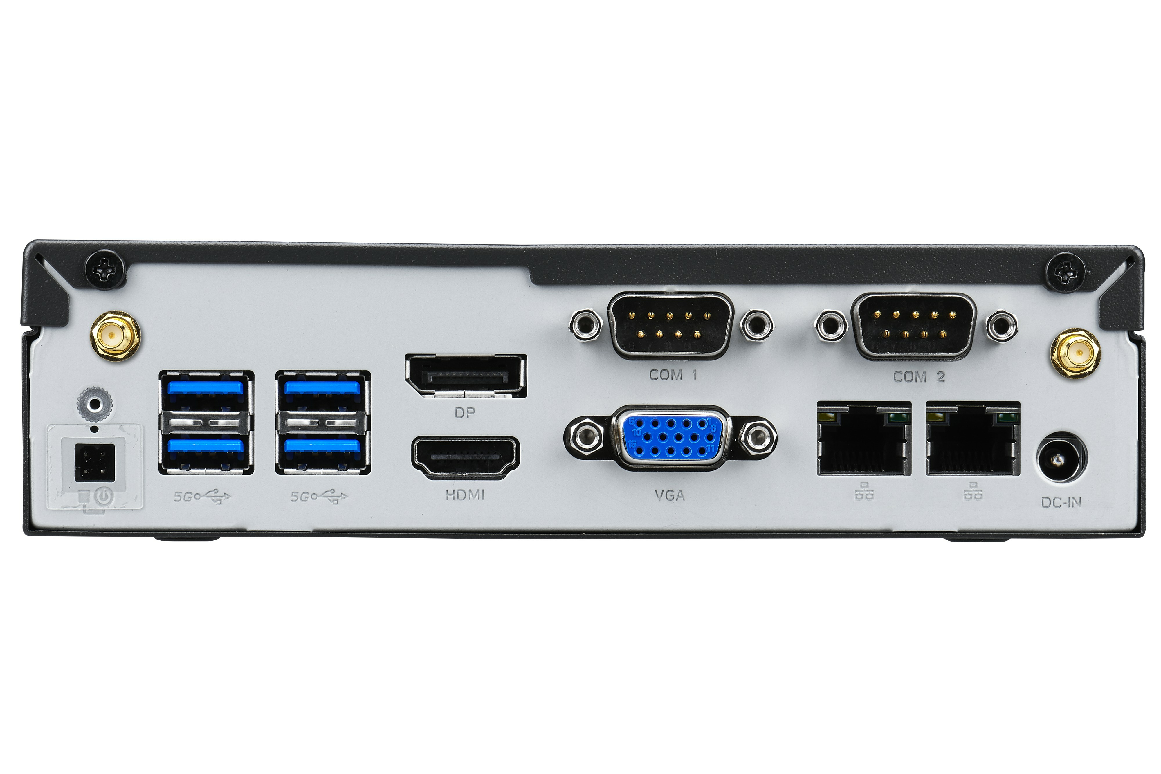 Vista posteriore di un piccolo computer nero con porte e connettori.
