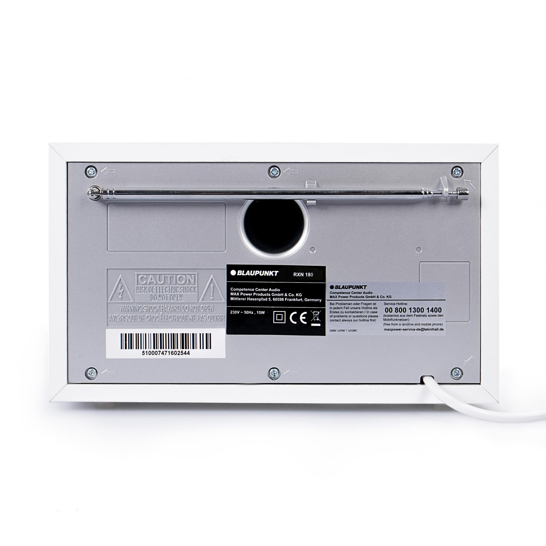 Rückseite eines weißen Blaupunkt-Radios mit Etiketten und Antenne.