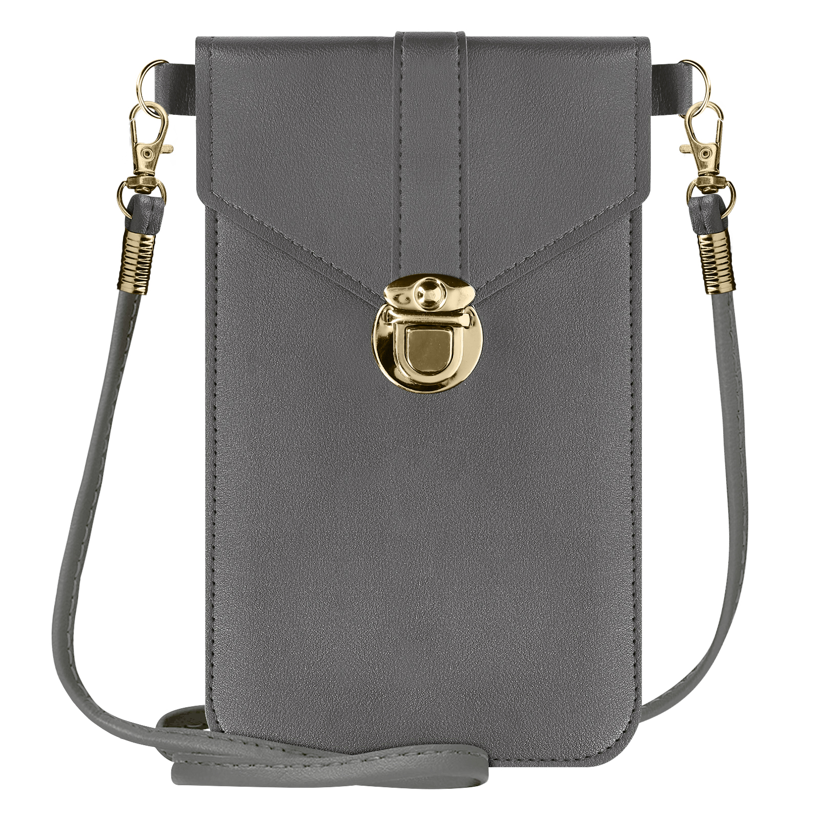 Sac bandoulière gris pour téléphone avec accessoires dorés, y compris fermoirs et fermeture pivotante.