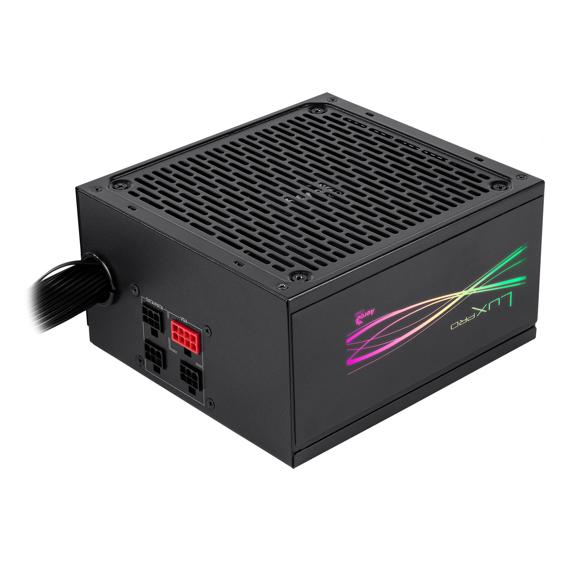 Un alimentatore per computer nero con ventilazione, porte e il logo LuxPro.