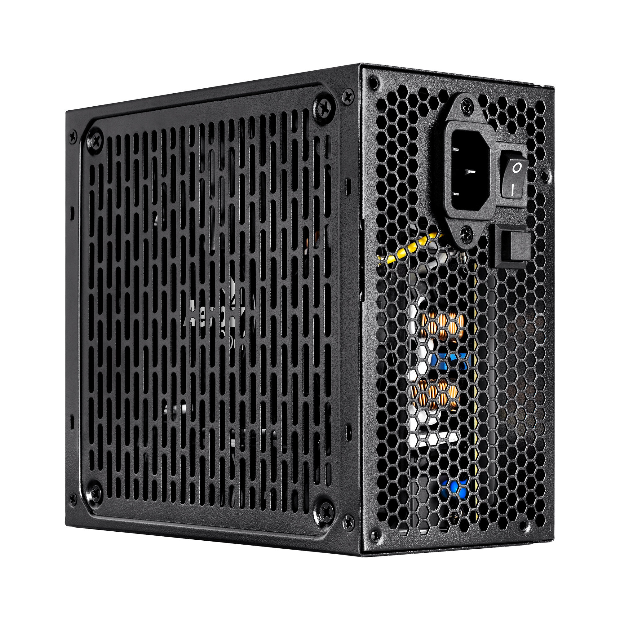 Alimentatore per computer nero con esterno a griglia e componenti interni visibili.