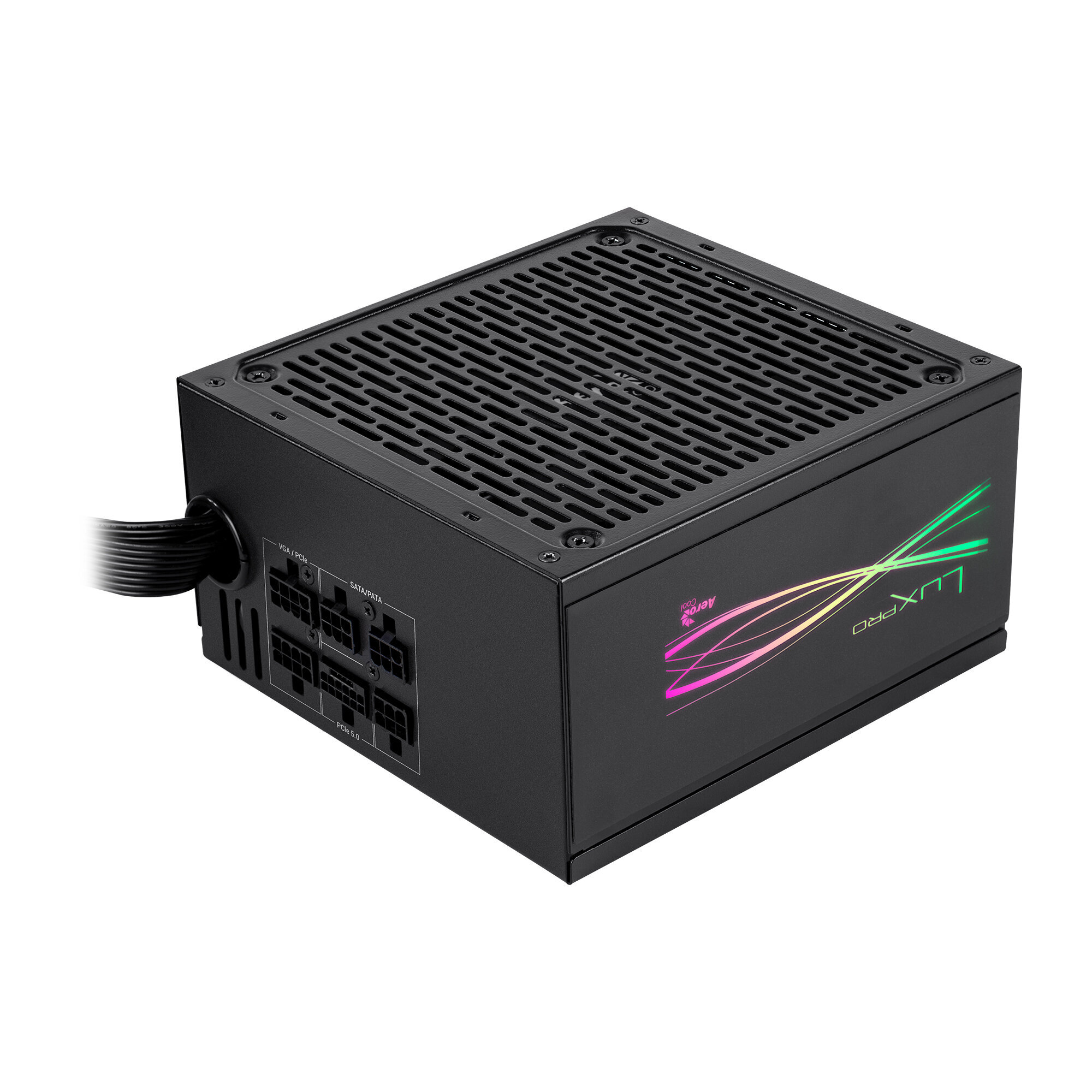 Alimentatore nero con luci colorate e porte multiple.