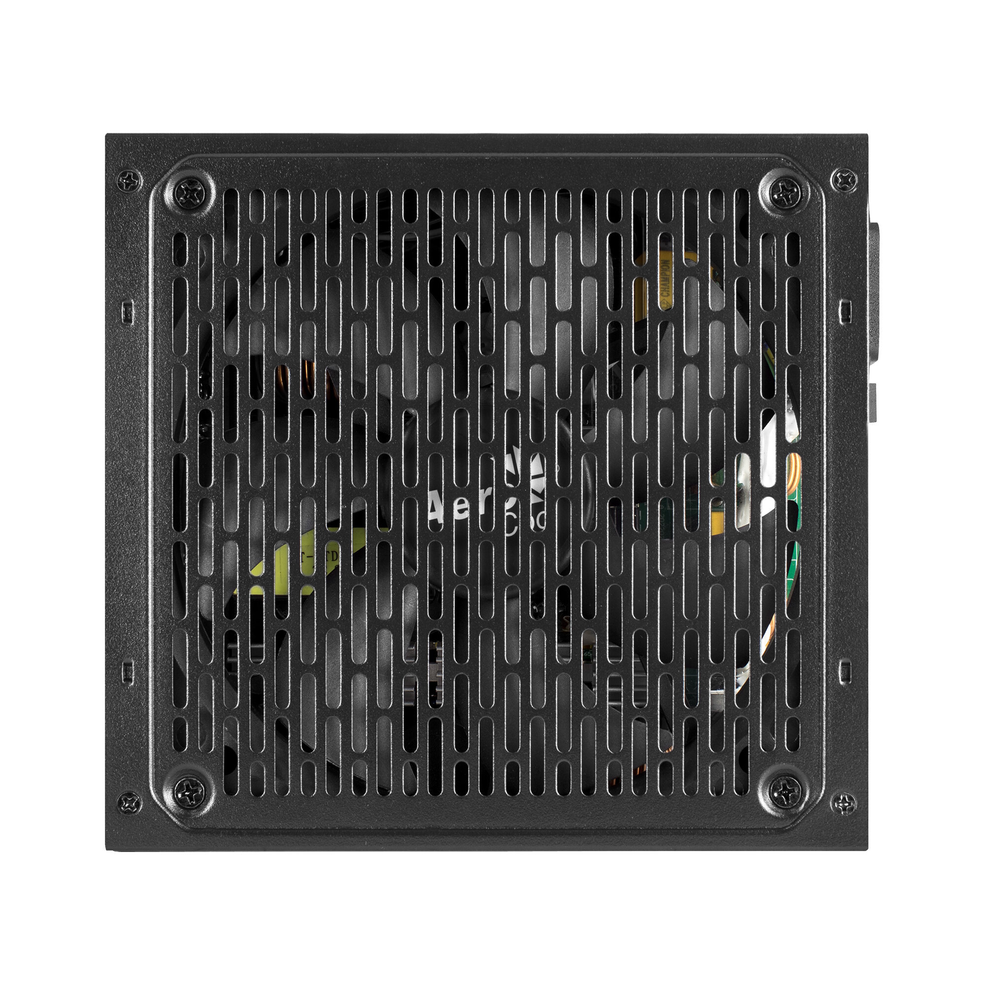 Alimentatore per computer nero. Design a griglia sul retro. Viti sugli angoli. Sfondo bianco.