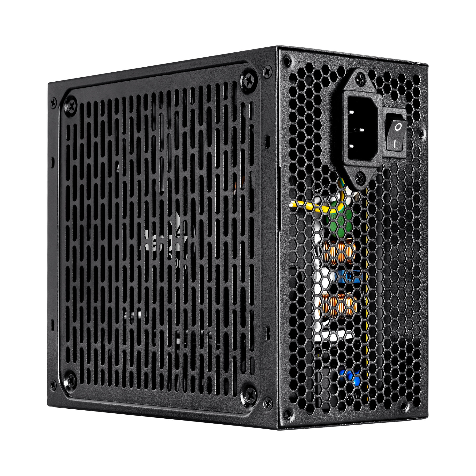 Alimentatore per computer nero con design a griglia a nido d'ape.