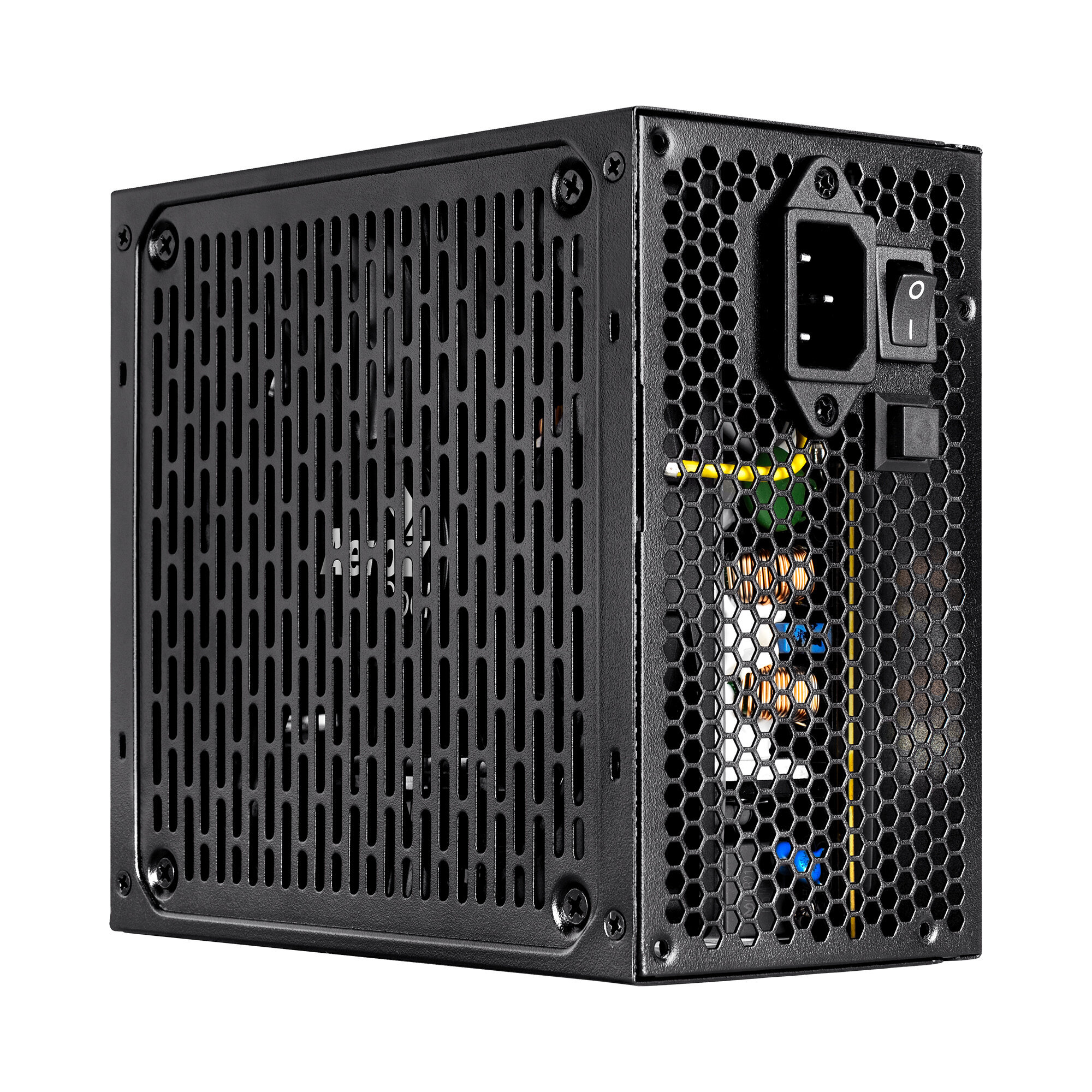 Un alimentatore per computer nero con un design a griglia.